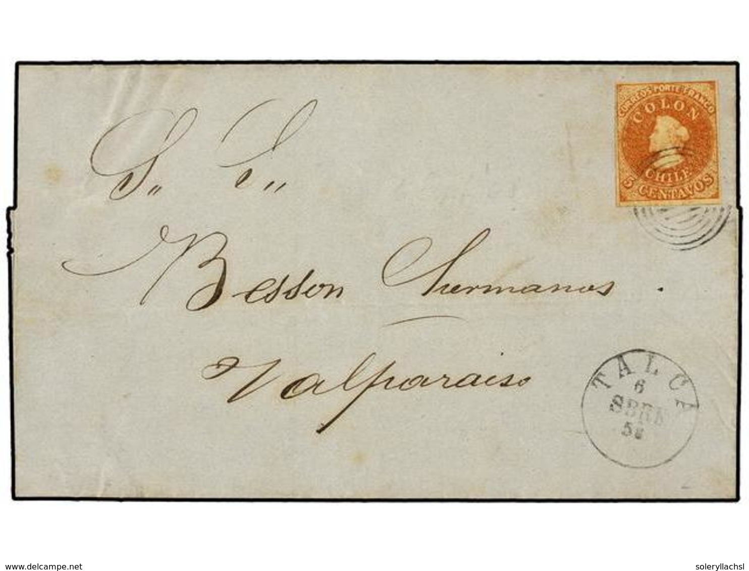 341 CHILE. Sc.3. 1858. TALCA A VALPARAISO. <B>5 Ctvos.</B> Castaño Pálido, Márgenes Completos. PRECIOSA. - Other & Unclassified