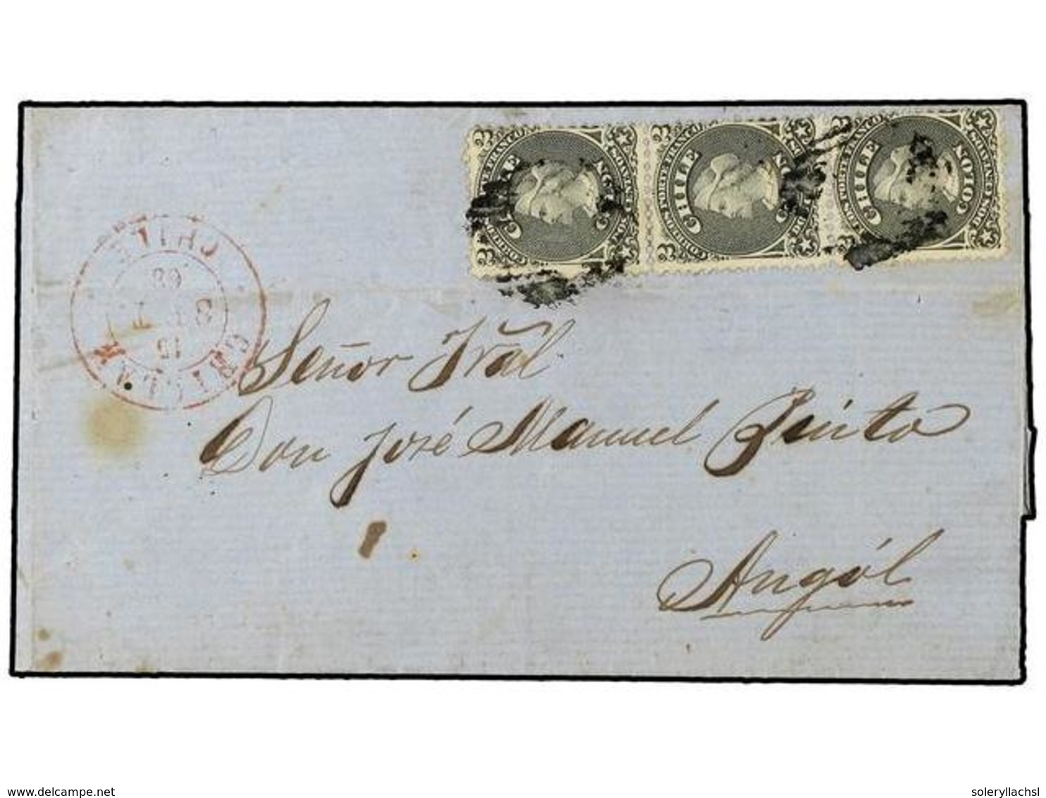 342 CHILE. Sc.16(3). 1868. CHILLAN A ANGUL. <B>2 Ctvos.</B> Gris, Tira De Tres, Franqueo De 6 Ctvos., 1 Ctvo. En Exceso  - Other & Unclassified