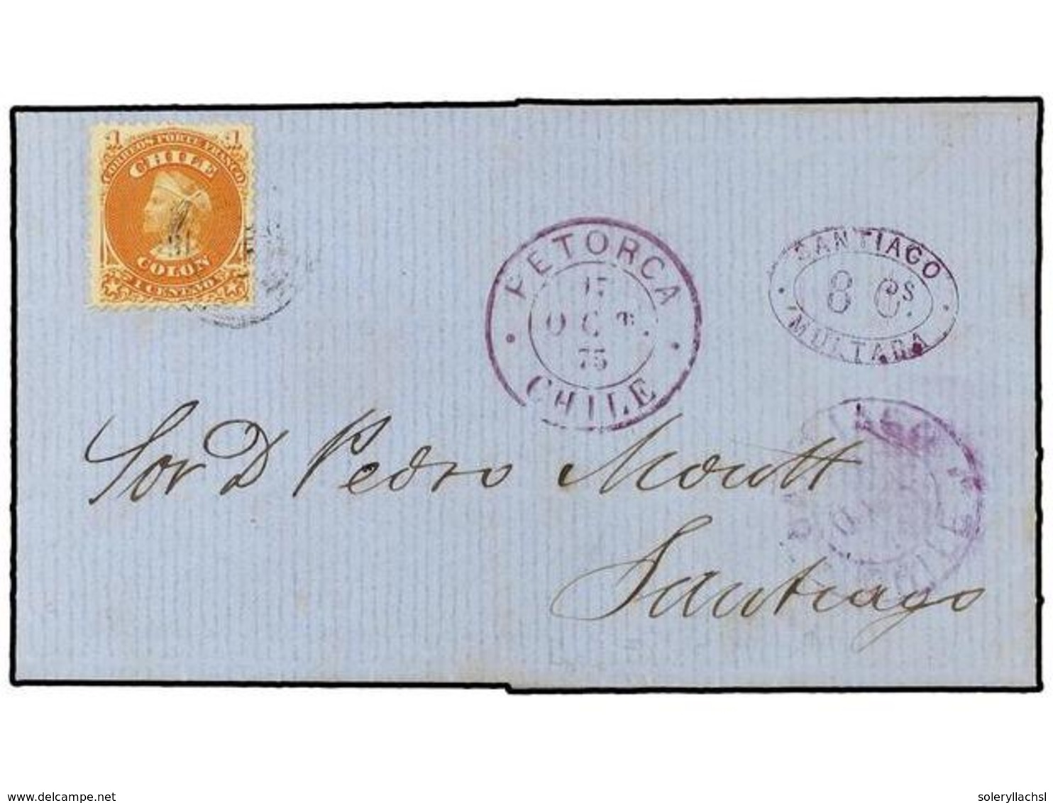 345 CHILE. 1875. PETORCA A SANTIAGO DE CHILE. <B>1 Ctvo.</B> Naranja. Mat. Círculos Concéntricos. Carta Insuficientement - Sonstige & Ohne Zuordnung