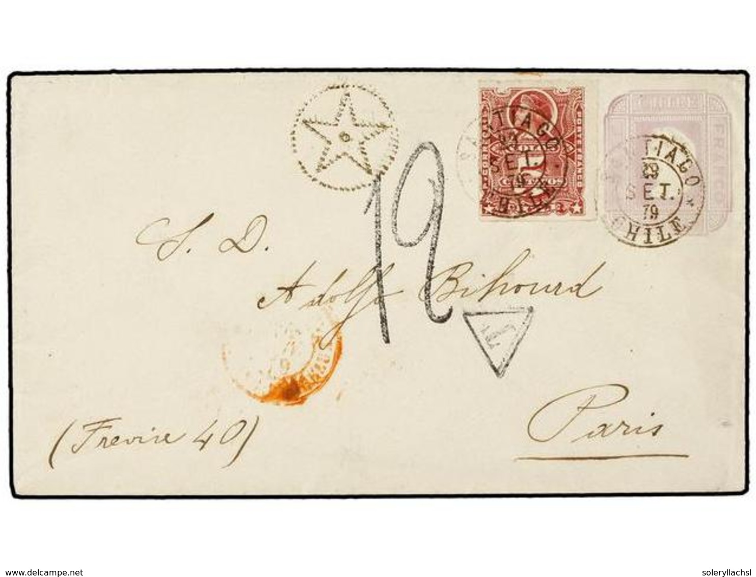 346 CHILE. Sc.22. 1879. SANTIAGO A PARÍS. Entero Postal De <B>5 Cts.</B> Violeta Con Franqueo Adicional De <B>5 Ctvos.</ - Autres & Non Classés