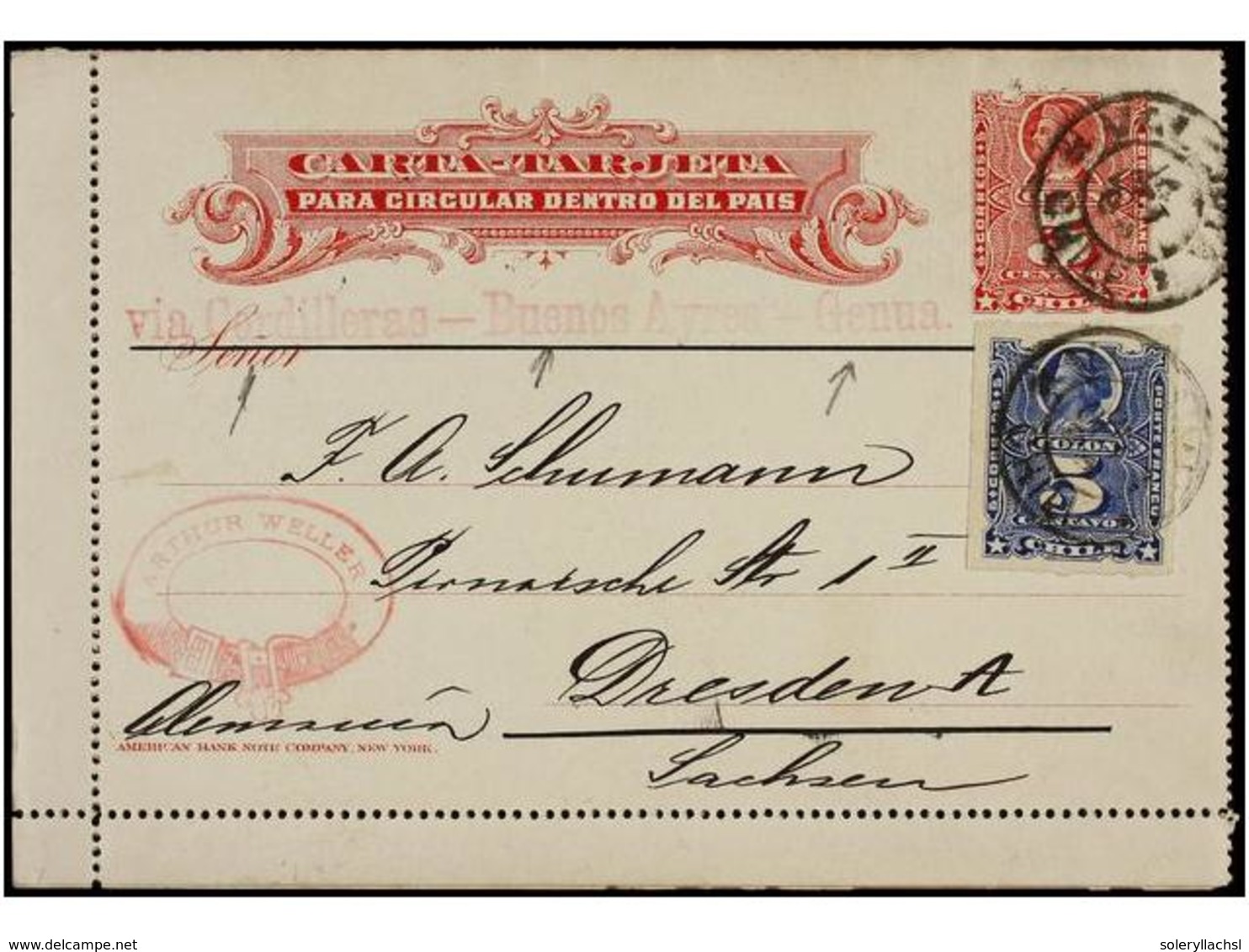 347 CHILE. 1888. VALDIVIA A ALEMANIA. Tarjeta Postal De <B>5 Ctvos.</B> Rojo Para El Servicio Interior Con Franqueo Adic - Autres & Non Classés