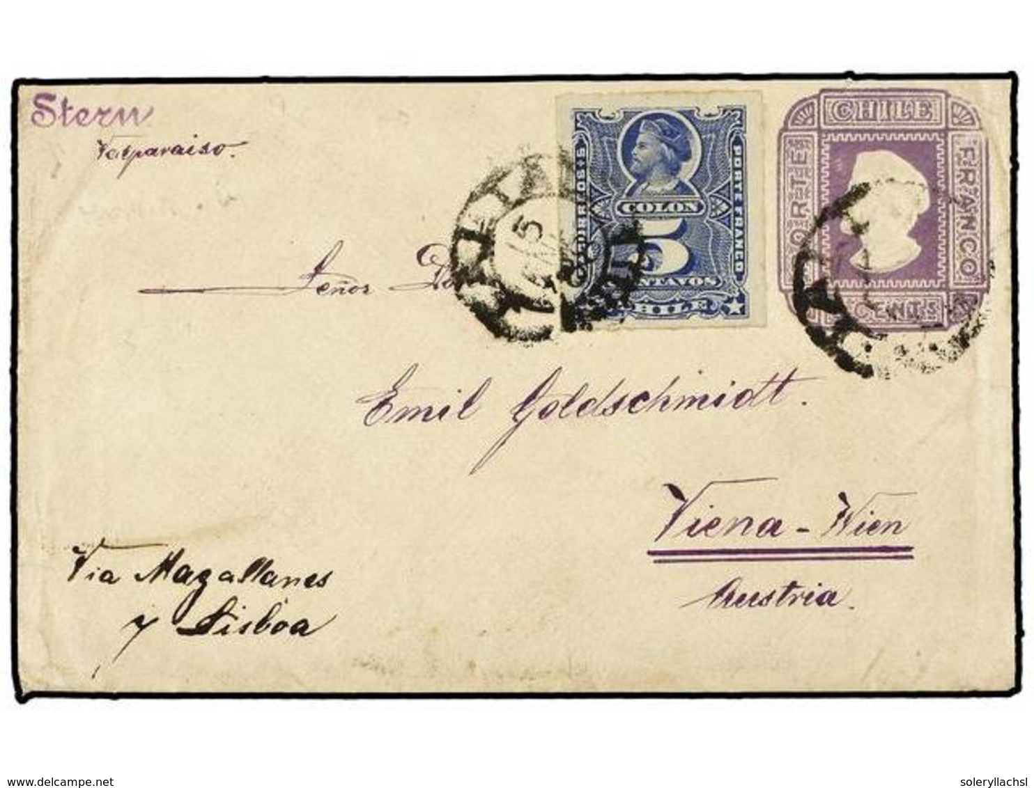 348 CHILE. Sc.28. 1888. TALTAL A VIENA (Austria). Entero Postal De <B>5 Cents.</B> Lila Con Franqueo Adicional De <B>5 C - Autres & Non Classés