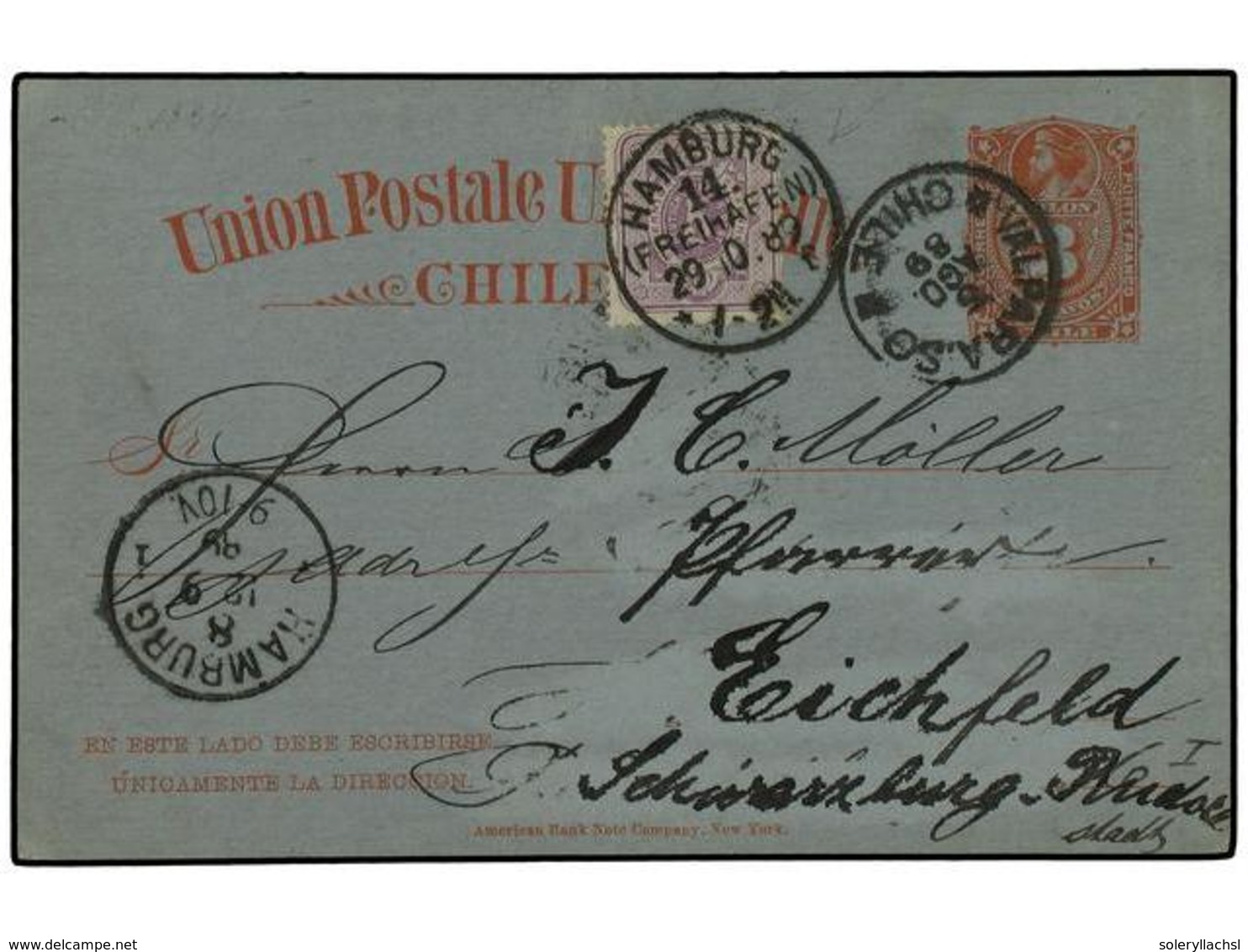 349 CHILE. 1889 (Aug 5). <B>3c</B>. Red On Blue Stationery Card Used To Hamburg/Germany Cancelled By <B>Valparaiso</B> C - Andere & Zonder Classificatie