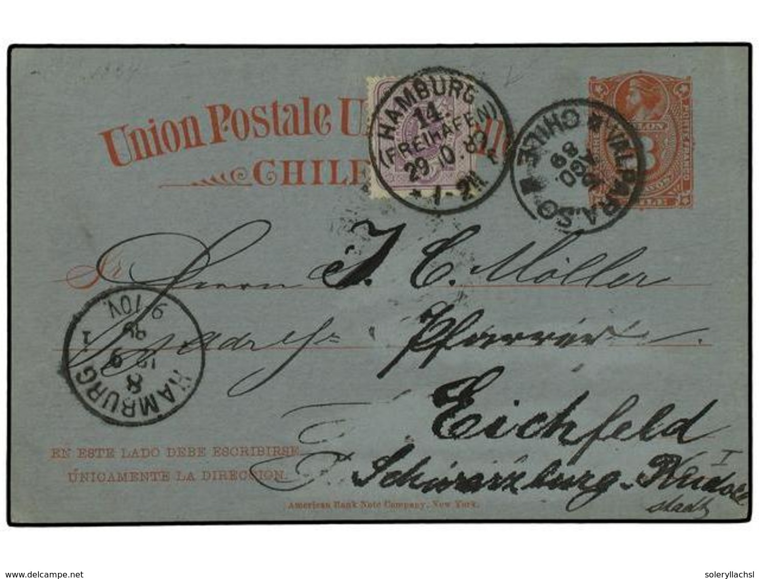 349 CHILE. 1889 (Aug 5). <B>3c</B>. Red On Blue Stationery Card Used To Hamburg/Germany Cancelled By <B>Valparaiso</B> C - Sonstige & Ohne Zuordnung