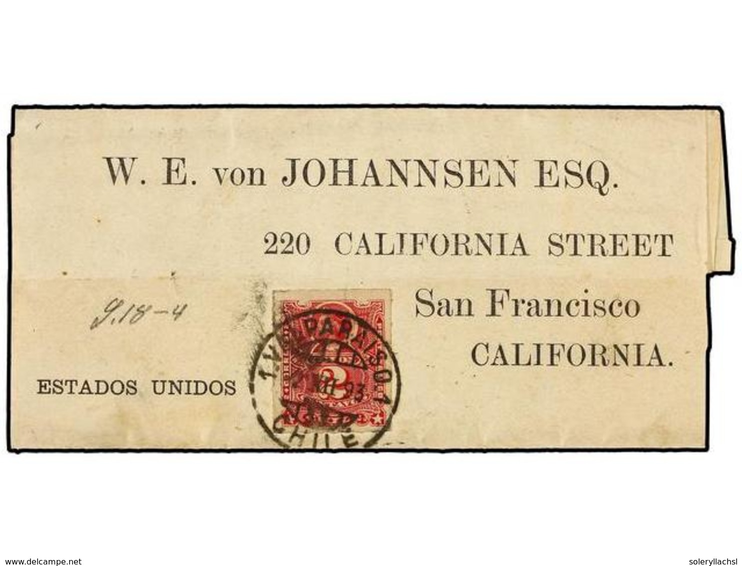 355 CHILE. Sc.26. 1893. VALPARAÍSO A U.S.A. <B>FAJA DE PRENSA</B> Circulada Con Un Sello De <B>2 Ctvos.</B> Carmín. - Autres & Non Classés