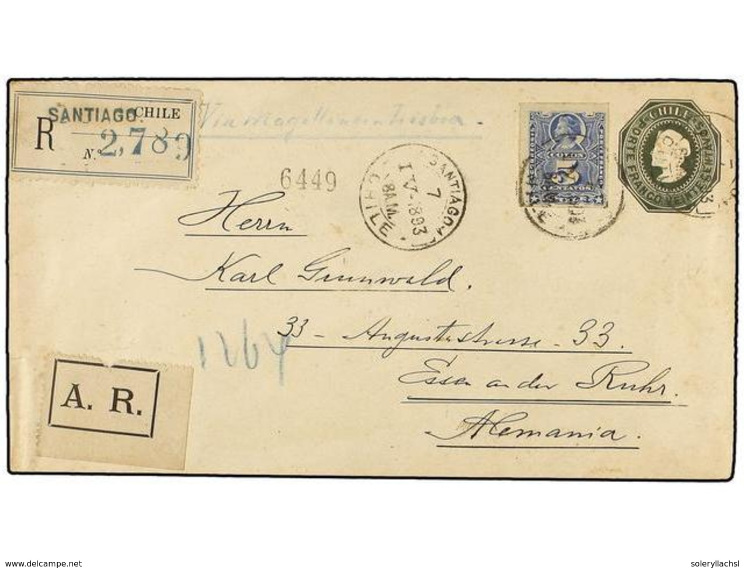 356 CHILE. Sc.28. 1893. SANTIAGO A ALEMANIA. Entero Postal De <B>20 Ctvos. </B>verde Con Franqueo Adicional De <B>5 Cts. - Andere & Zonder Classificatie