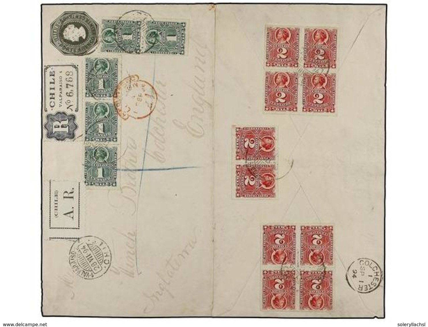 357 CHILE. Sc.37 (5), 38 (10). 1894. VALPARAISO A INGLATERRA. Entero Postal De <B>20 Ctvos.</B> Verde Con Franqueo Adici - Sonstige & Ohne Zuordnung