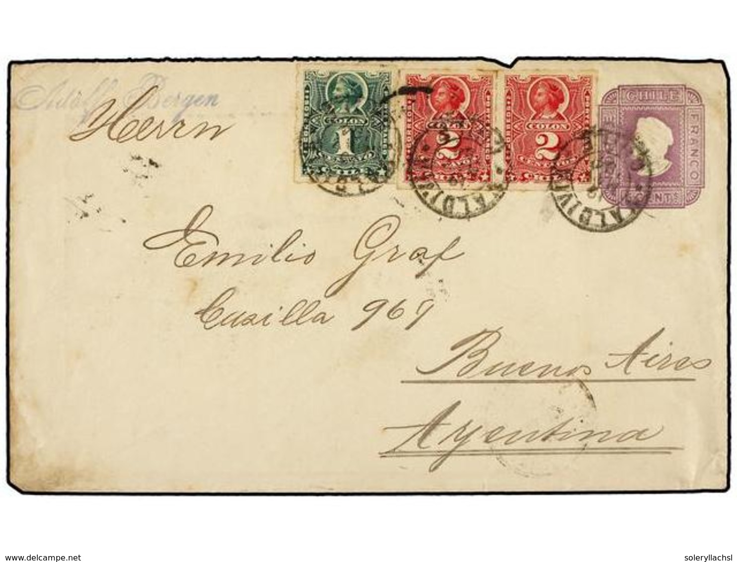 358 CHILE. Sc.37, 38 (2). 1894. VALDIVIA A BUENOS AIRES. Entero Postal De <B>5 Cents.</B> Lila Con Franqueo Adicional De - Andere & Zonder Classificatie