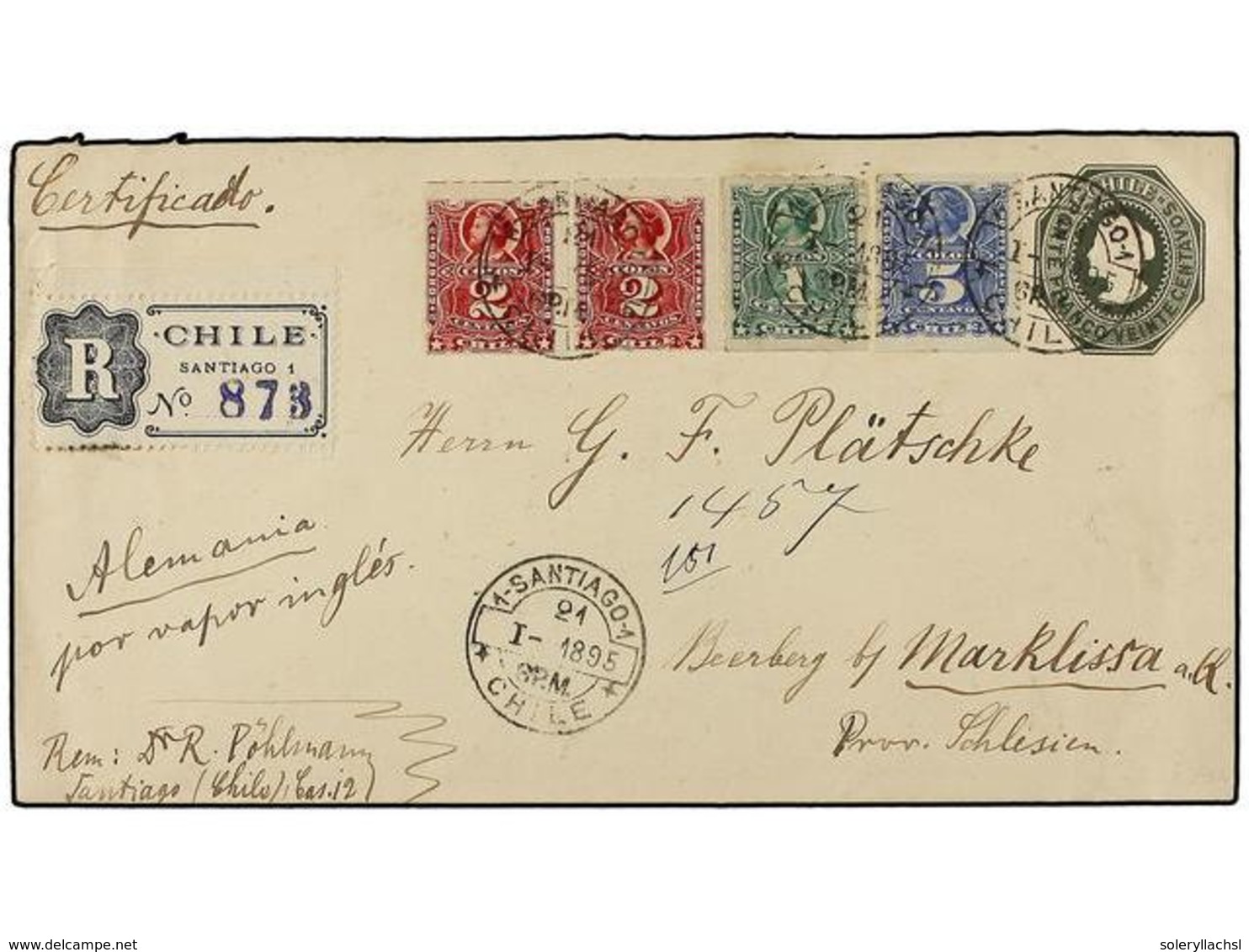 361 CHILE. Sc.37, 38 (2), 28. 1895. SANTIAGO A ALEMANIA. Entero Postal De <B>20 Ctvos.</B> Verde Oscuro Con Franqueo Adi - Other & Unclassified