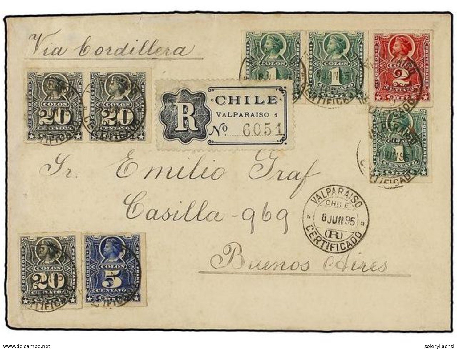 363 CHILE. Sc.25 (3), 26, 27, 31 (3). 1895. VALPARAÍSO A BUENOS AIRES. <B>1 Ctvo. </B>verde (3), <B>2 Cts. </B>rojo, <B> - Andere & Zonder Classificatie