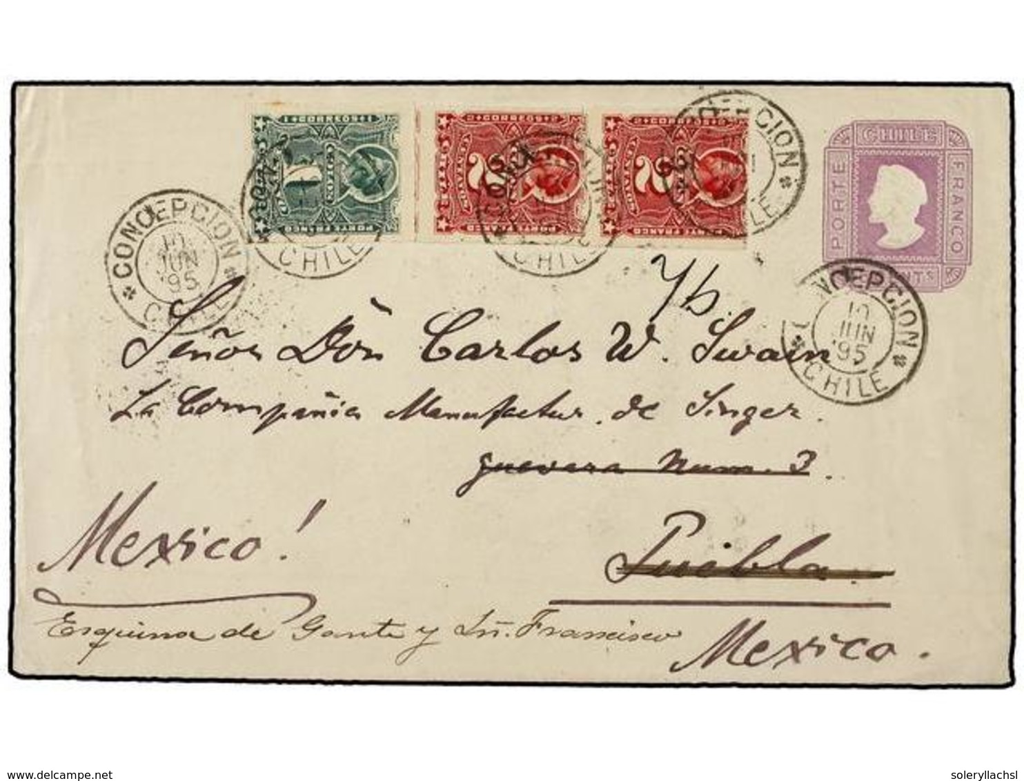 364 CHILE. Sc.25, 26 (2). 1895. CONCEPCIÓN A PUEBLA (México) Y Reexpedida A Ciudad De MÉXICO. Entero Postal De <B>5 Cts. - Andere & Zonder Classificatie