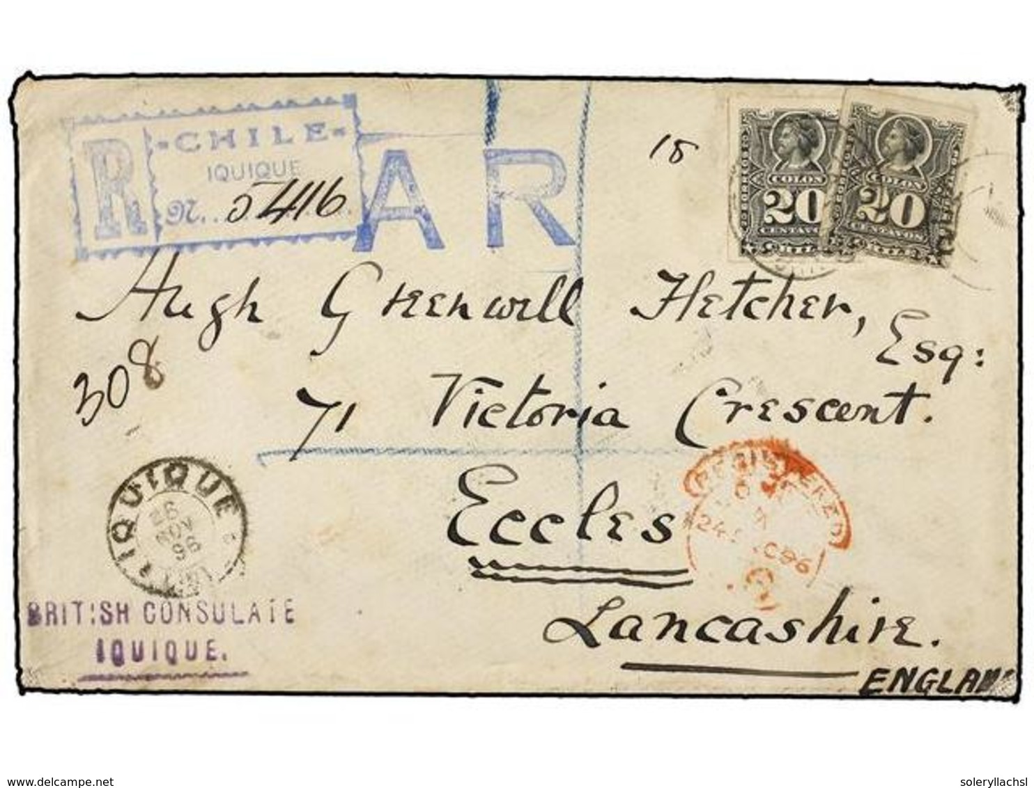 366 CHILE. Sc.31 (2). 1896. IQUIQUE A LONDRES. <B>20 Ctvos.</B> Gris (2), Carta Certificada, Al Dorso Llegada. - Autres & Non Classés