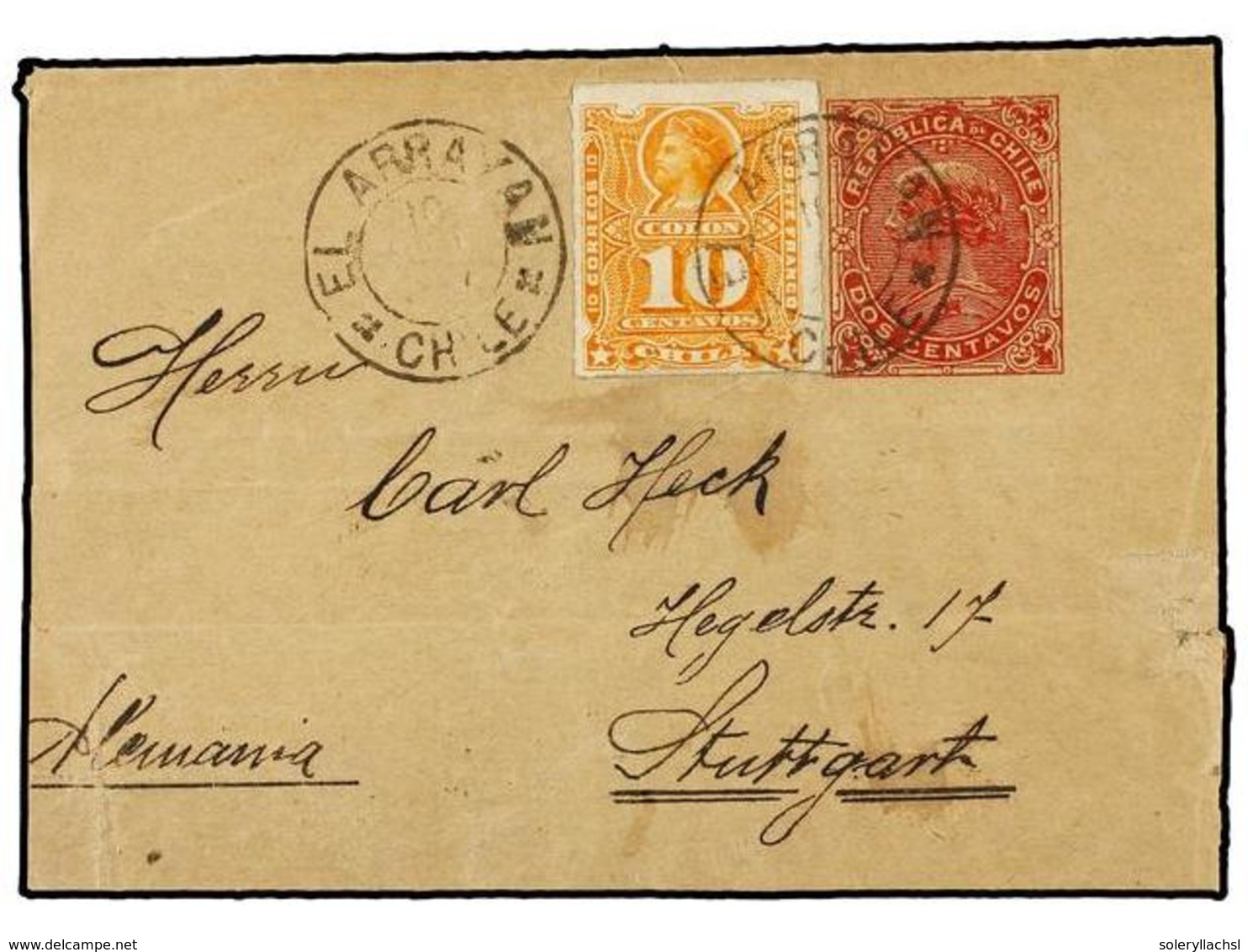 367 CHILE. Sc.29. (1897 CA.). EL ARRAYAN A ALEMANIA. <B>FAJA DE PRENSA</B> De <B>2 Ctvos.</B> Rojo Con Franqueo Adiciona - Altri & Non Classificati