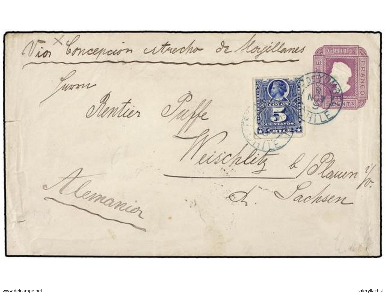 369 CHILE. Sc.28. 1897. YUMBEL A ALEMANIA. Entero Postal De <B>5 Cents.</B> Lila Con Franqueo Adicional De <B>5 Cts.</B> - Autres & Non Classés