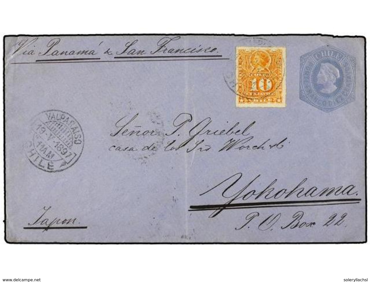 370 CHILE. Sc.29. 1897. VALPARAISO A YOKOHAMA. Entero Postal De <B>10 Ctvos.</B> Gris Con Franqueo Adicional De <B>10 Ct - Autres & Non Classés