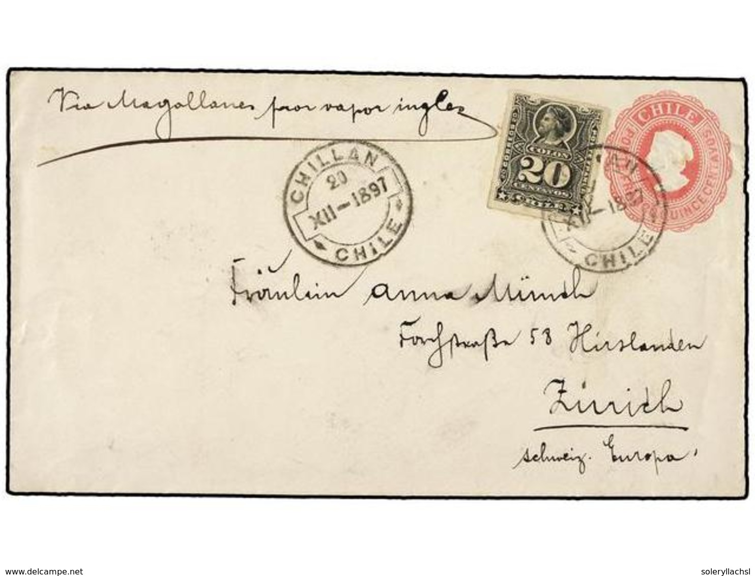 371 CHILE. 1897. CHILLAN A ZURICH (Suiza). Entero Postal De <B>15 Ctvos.</B> Rosa Con Franqueo Adicional De <B>20 Cts.</ - Other & Unclassified