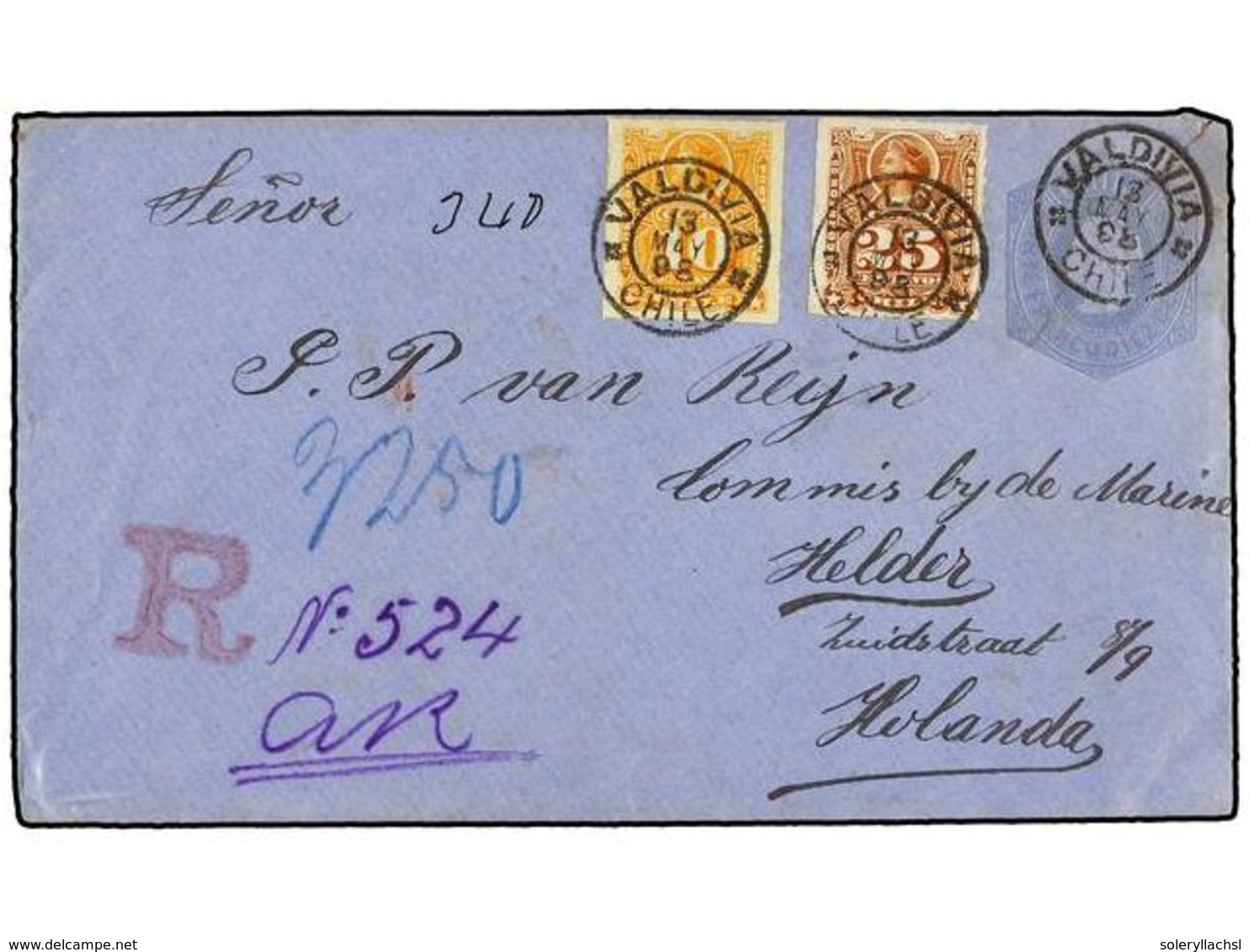 374 CHILE. Sc.29, 32. 1898. VALDIVIA A HOLANDA. Entero Postal De <B>10 Ctvos.</B> Con Franqueo Adicional De <B>10 Cts.</ - Autres & Non Classés