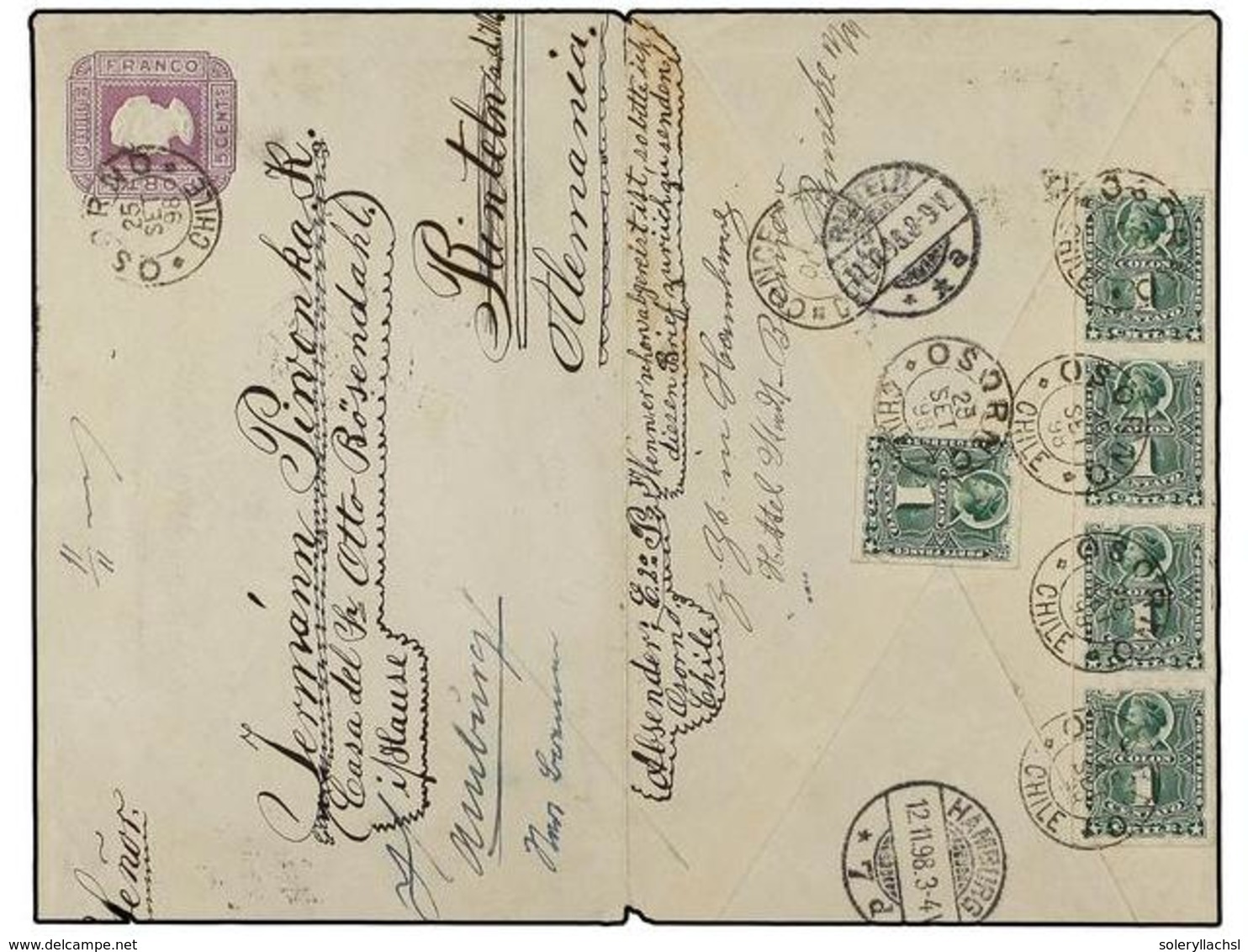 375 CHILE. Sc.37 (5). 1898. OSORNO A ALEMANIA. Entero Postal De <B>5 Cents.</B> Lila Con Franqueo Adicional De <B>1 Cto. - Andere & Zonder Classificatie