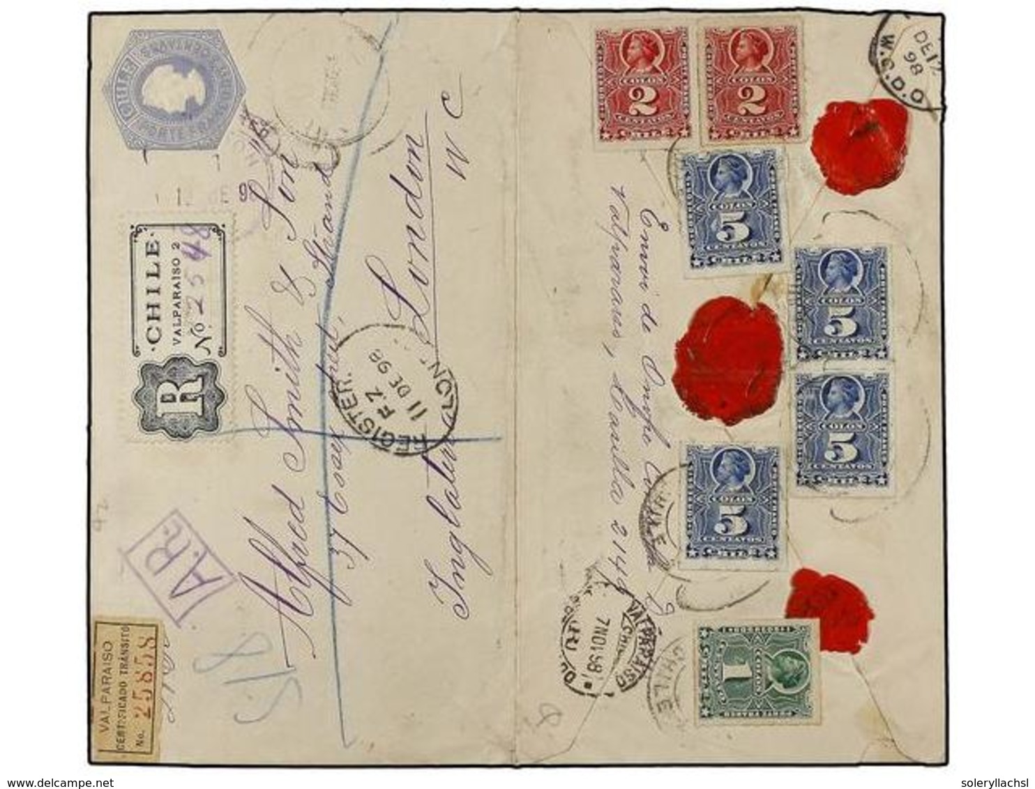 376 CHILE. Sc.37, 38 (2), 28 (4). 1898. VALPARAISO A LONDRES. Entero Postal De <B>10 Ctvos.</B> Azul Gris Con Franqueo A - Autres & Non Classés