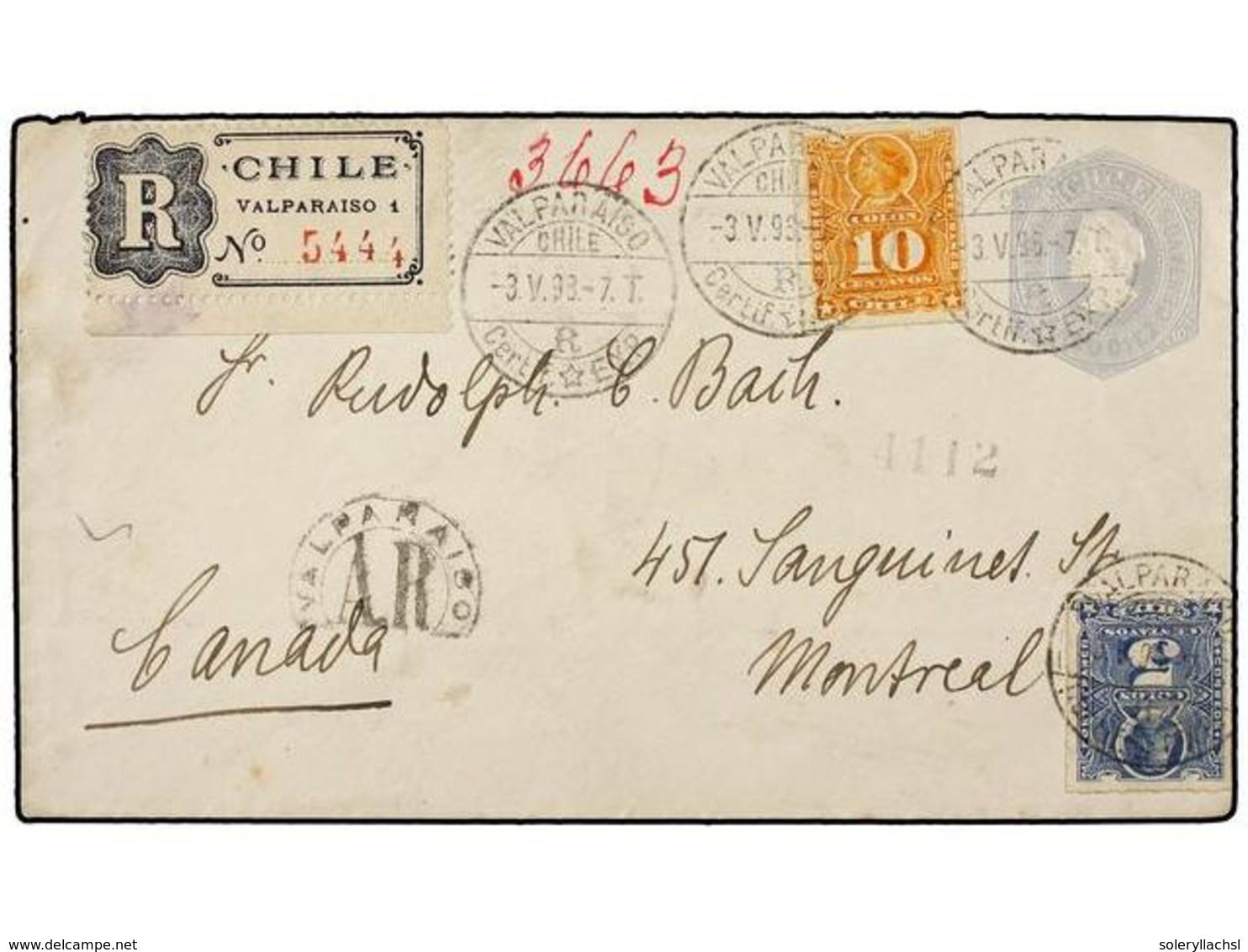 377 CHILE. Sc.28, 29. 1898. VALPARAISO A MONTREAL. Entero Postal De <B>10 Ctvos. </B>gris Con Franqueo Adicional De <B>5 - Andere & Zonder Classificatie