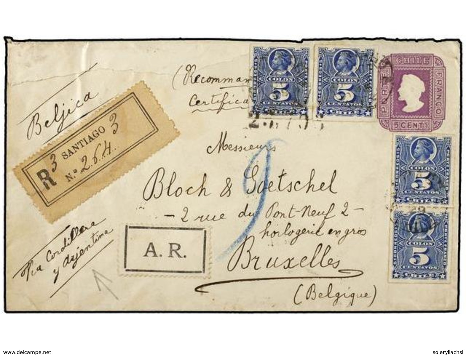 378 CHILE. Sc.28 (4). 1899. SANTIAGO A BRUSELAS (Bélgica). Entero Postal De <B>5 Cts.</B> Lila Con Franqueo Adicional De - Autres & Non Classés