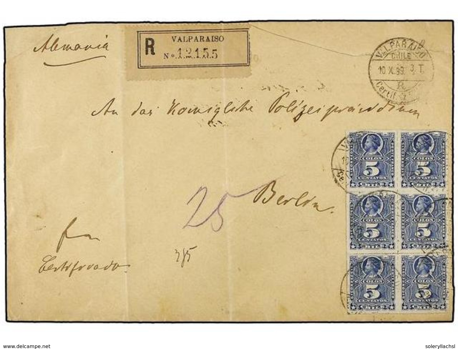 379 CHILE. Sc.28 (6). 1899. VALPARAISO A ALEMANIA. <B>5 Ctvos.</B> Azul, Bloque De Seis, Carta Certificada, Al Dorso Lle - Autres & Non Classés