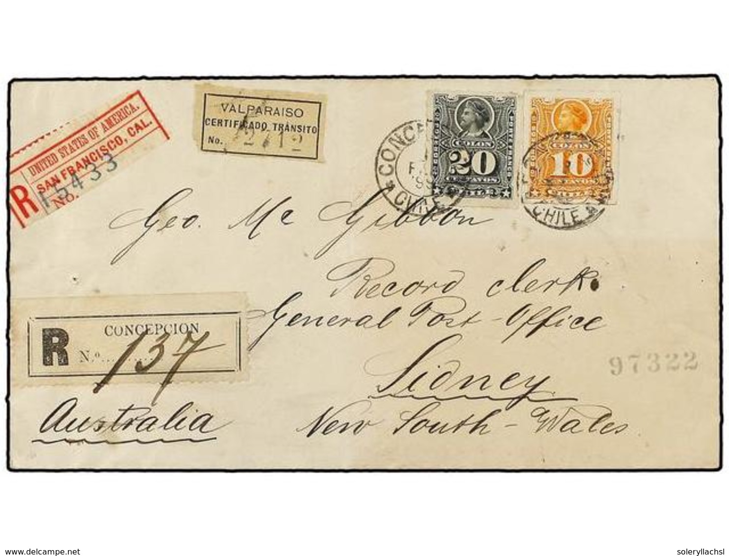 381 CHILE. Sc.29, 31. 1899. CONCEPCIÓN A SIDNEY (Australia). <B>10 Ctvos.</B> Naranja Y <B>20 Ctvos. </B>negro. Circulad - Autres & Non Classés