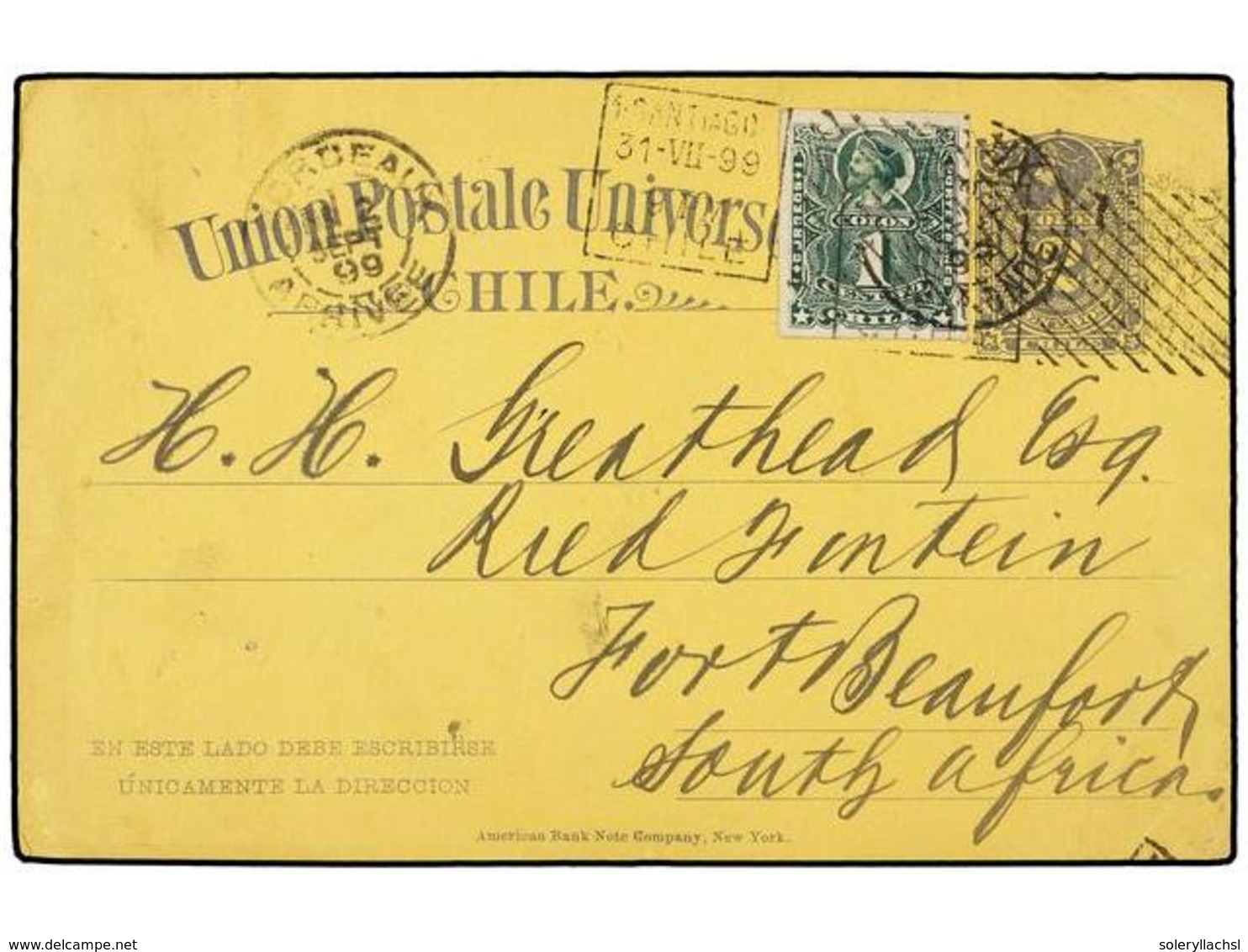 382 CHILE. Sc.37. 1899. SANTIAGO A FORT BEAUFORT (África Del Sur). Entero Postal De <B>2 Ctvos.</B> Gris Con Franqueo Ad - Other & Unclassified