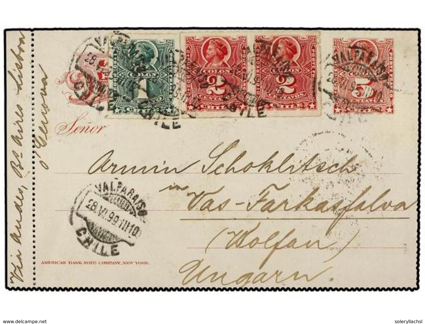 383 CHILE. Sc.37, 38 (2). 1899. VALPARAISO A HUNGRÍA. CARTA-TARJETA De <B>5 Ctvos.</B> Rojo Con Franqueo Adicional De <B - Andere & Zonder Classificatie