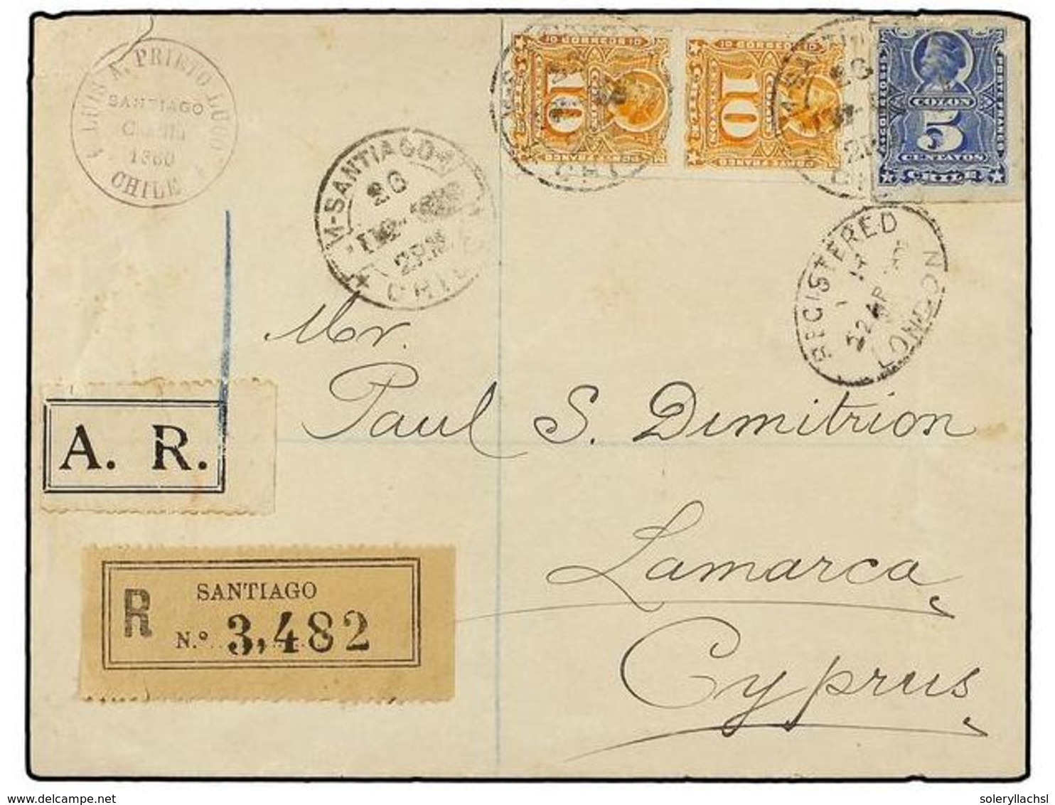 384 CHILE. Sc.28, 29 (2). 1900. SANTIAGO A LARNACA (Chipre). <B>5 Cts.</B> Azul Y <B>10 Cts.</B> Naranja (2), Carta Cert - Autres & Non Classés