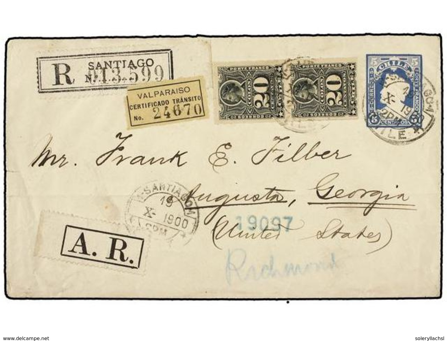 385 CHILE. Sc.31 (2). 1900. SANTIGAO A USA. Entero Postal De <B>5 Ctvos. </B>azul Con Franqueo Adicional De <B>20 Ctvos. - Andere & Zonder Classificatie