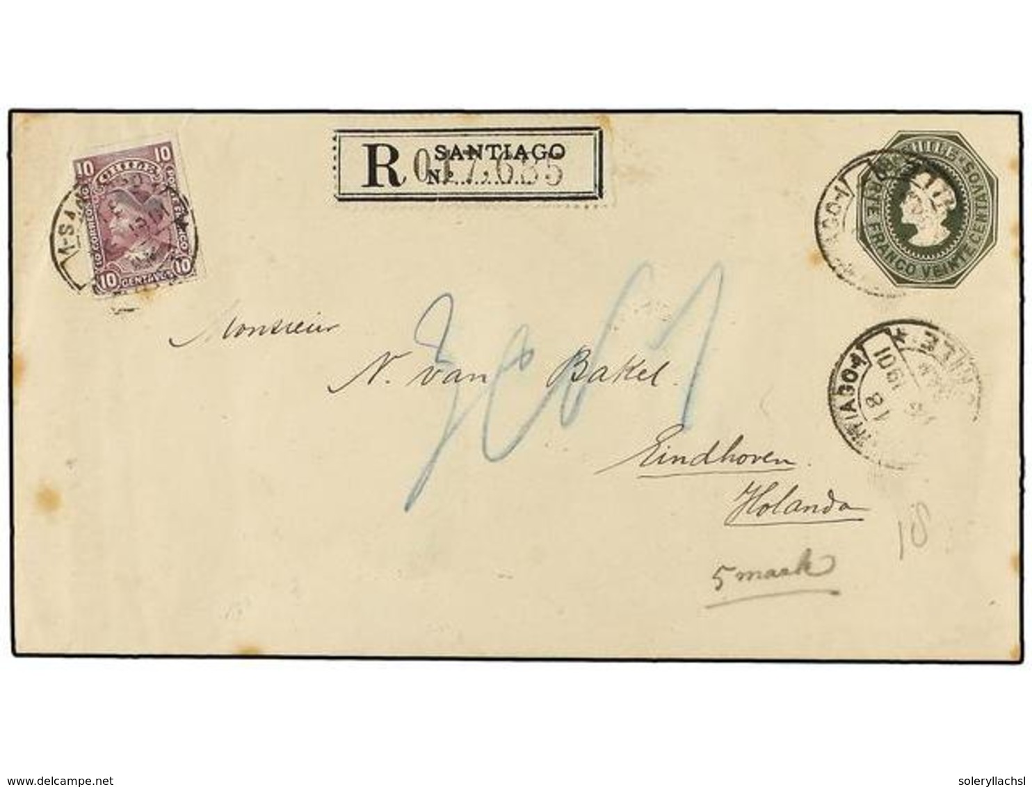 387 CHILE. Sc.42. 1901. SANTIAGO A HOLANDA. Entero Postal De <B>20 Ctvos. </B>verde Con Franqueo Adicional De <B>10 Cts. - Sonstige & Ohne Zuordnung