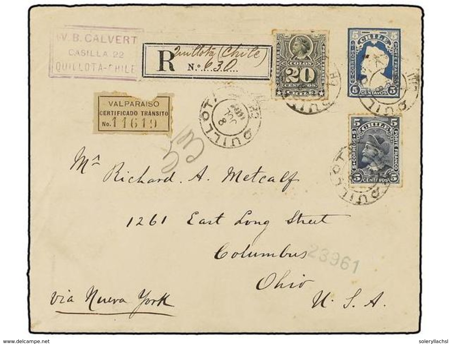 388 CHILE. 1901. QUILLOTA A USA. Entero Postal De <B>5 Ctvos.</B> Con Franqueo Adicional De <B>5 Cts.</B> Azul Y <B>20 C - Sonstige & Ohne Zuordnung