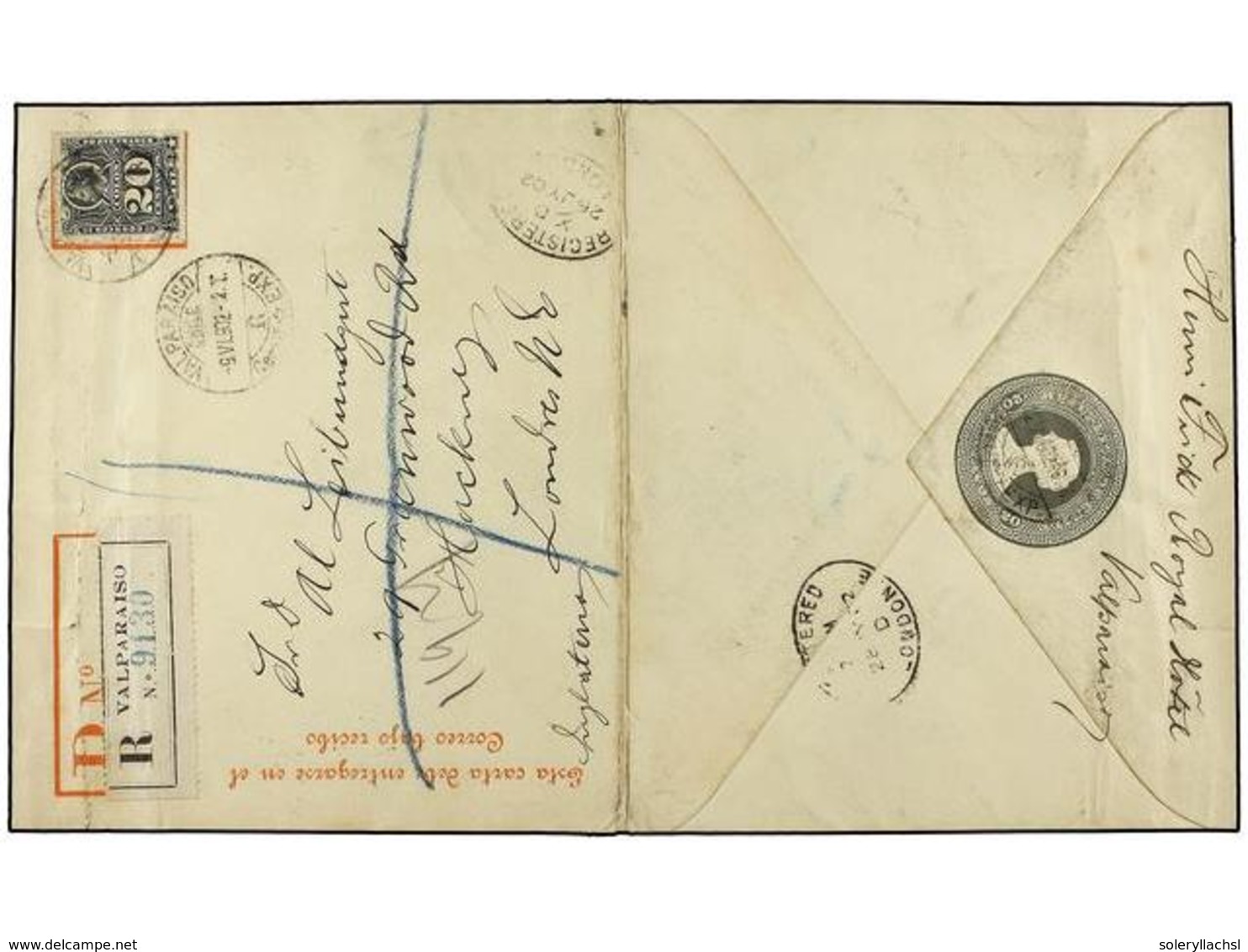 389 CHILE. Sc.31. 1902. VALPARAISO A LONDRES. Entero Postal Para Certificados De <B>20 Ctvos.</B> Gris Con Franqueo Adic - Andere & Zonder Classificatie