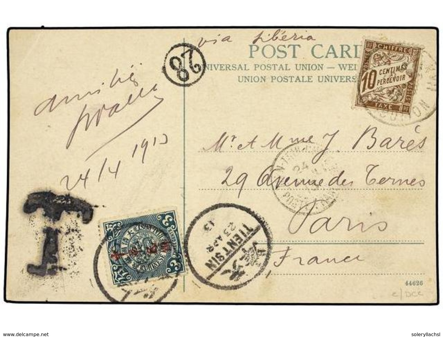 392 CHINA. Sg.221. 1913 (April 23). Postcard Endorsed 'via Siberia' Franked By 1912 <B>3c.</B> Blue-green Tied By <B>TIE - Other & Unclassified