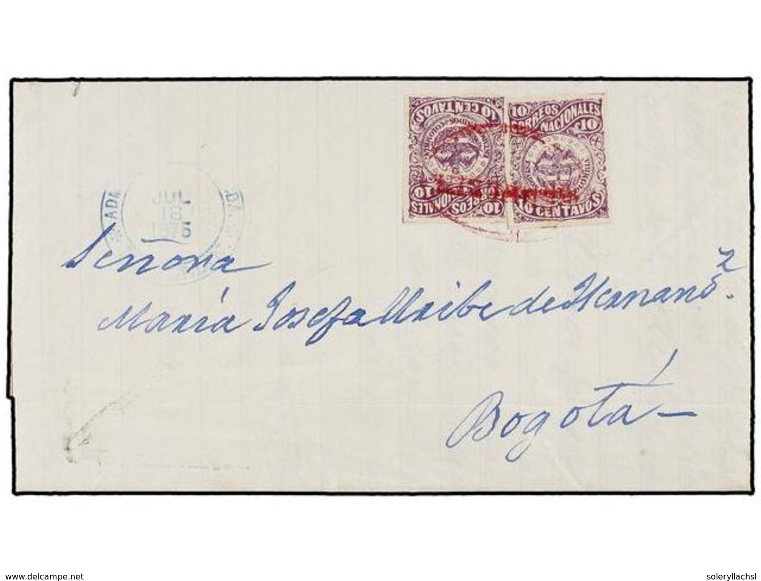 401 COLOMBIA. Sc.69a. 1876. MEDELLIN A BOGOTÁ. <B>10 Cents.</B> Lila (2), Mat. Ovalado <B>MEDELLIN.</B> MUY BONITA. Cert - Sonstige & Ohne Zuordnung