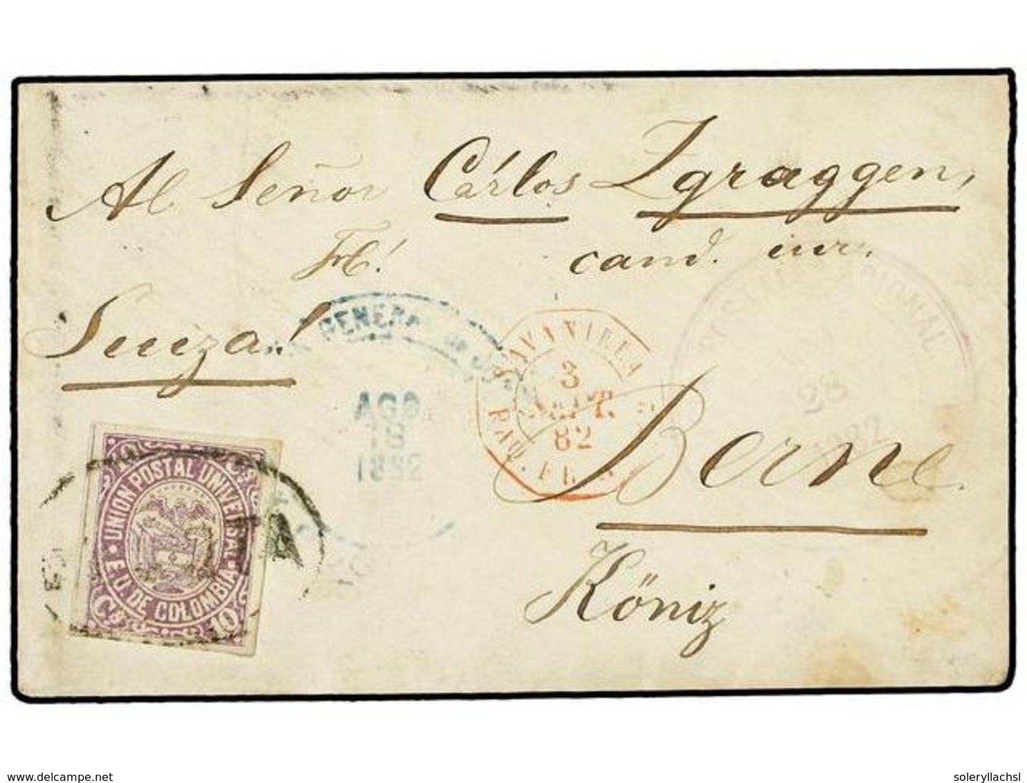 402 COLOMBIA. Sc.107. 1882. BOGOTA A BERNA (Suiza). <B>10 Cts.</B> Lila, Mat. <B>BOGOTA</B> Y Fechador Marítimo Francés< - Autres & Non Classés