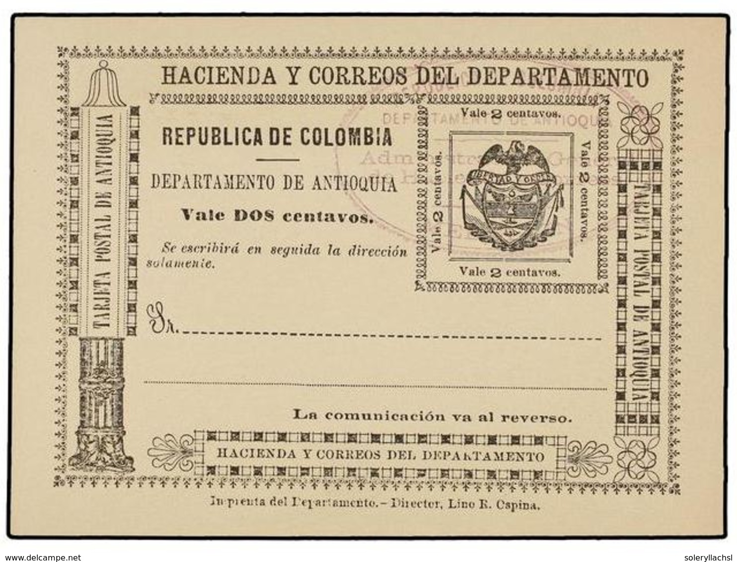 403 COLOMBIA. (1890 CA.). <B>TARJETA POSTAL DE ANTIOQUIA. 2 Ctvos.</B> Negro, Mat. De Favor En Violeta De MEDELLÍN. - Andere & Zonder Classificatie