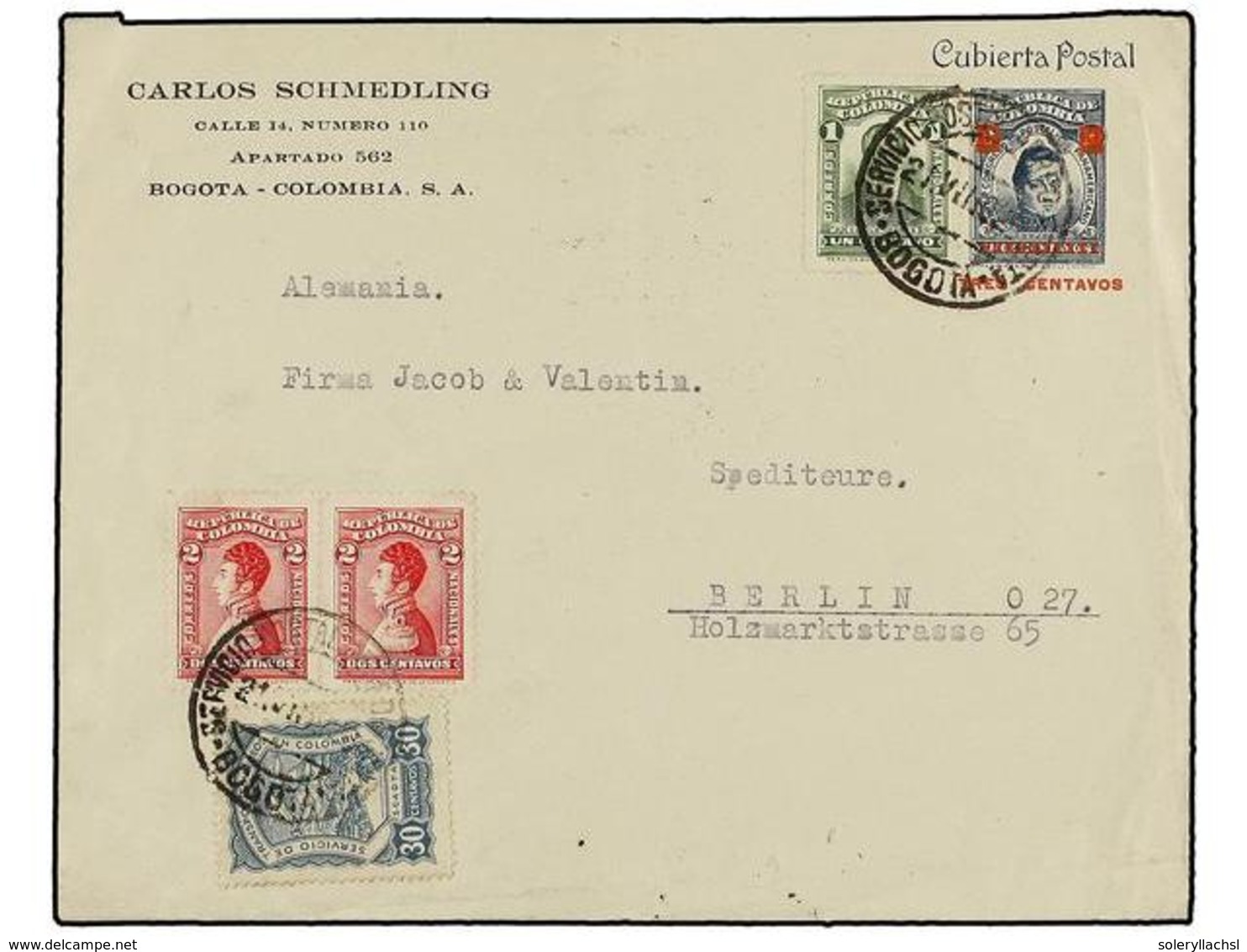 409 COLOMBIA. 1926. SCDTA. BOGOTÁ A ALEMANIA. Entero Postal De <B>3 Ctvos. S. 10 Ctos.</B> Azul Con Franqueo Adicional D - Sonstige & Ohne Zuordnung