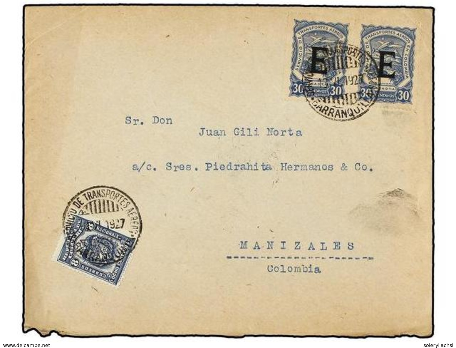 410 COLOMBIA. 1927. <B>SCADTA. </B>BARCELONA (España) A MANIZALES. Circulada Con Sellos De Colombia De <B>8 Ctvos.</B> Y - Sonstige & Ohne Zuordnung