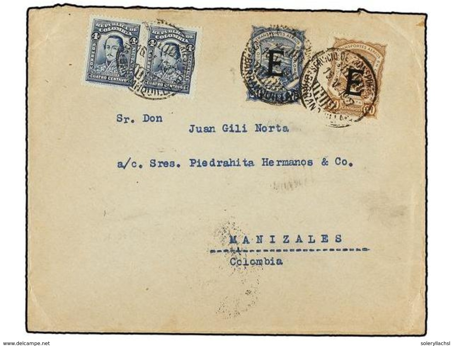 411 COLOMBIA. 1927. <B>SCADTA. </B>BARCELONA A MANIZALES. Circulada Con Sellos De <B>4 Ctvos.</B> (2) Y Sellos De Scadta - Sonstige & Ohne Zuordnung