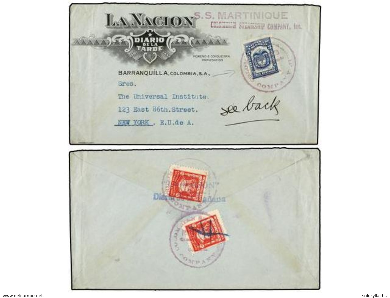 414 COLOMBIA. (1930 CA.). BARRANQUILLA A U.S.A. <B>3 Ctvos.</B> Azul, Mat. Circular <B>COLOMBIAN STEAMSHIP COMPANY</B> Y - Andere & Zonder Classificatie