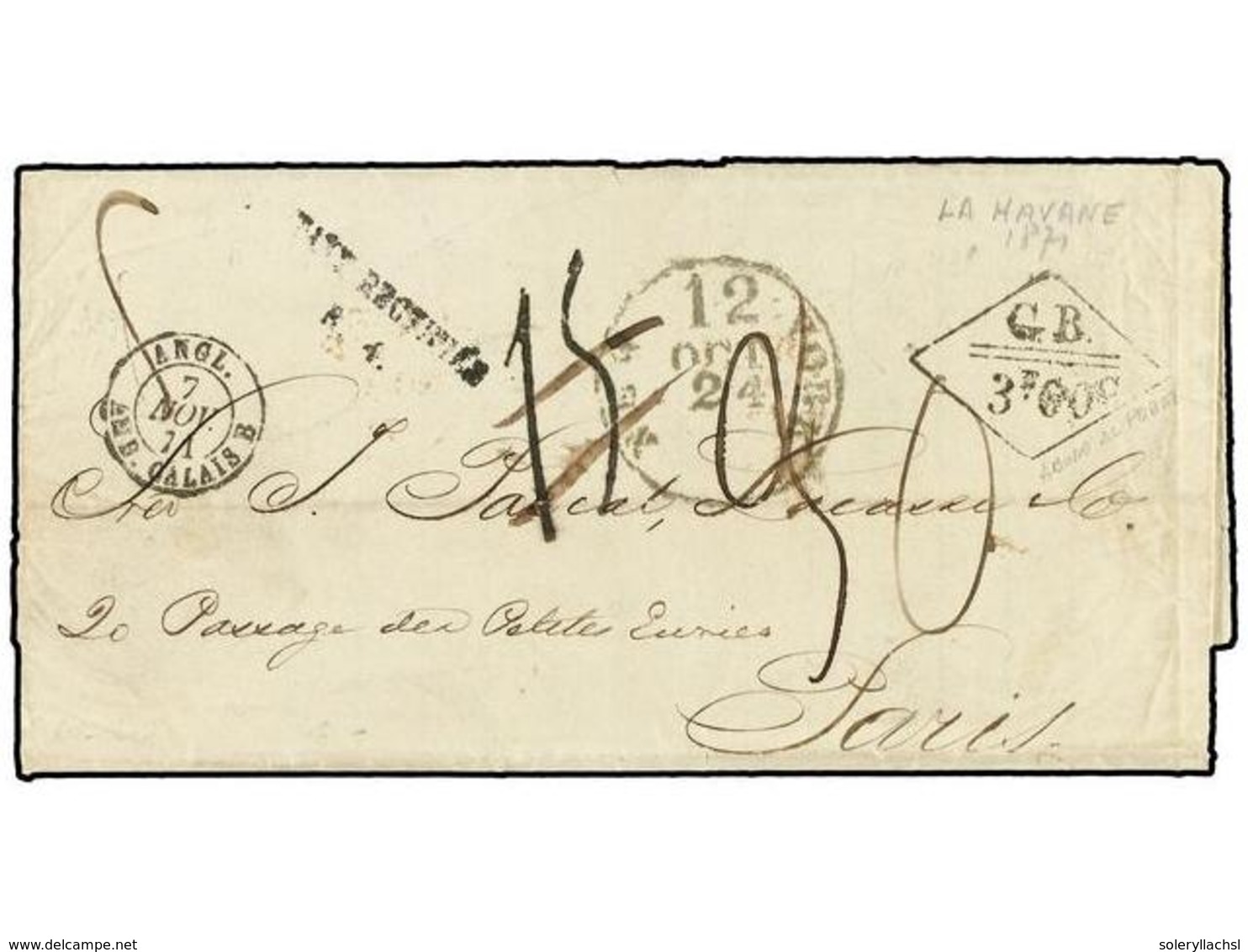 421 CUBA. 1871. HABANA A PARIS. Circulada Por El Correo Inglés Via New York Marca Del Intercambio <B>GB/3F60c </B>y Line - Sonstige & Ohne Zuordnung