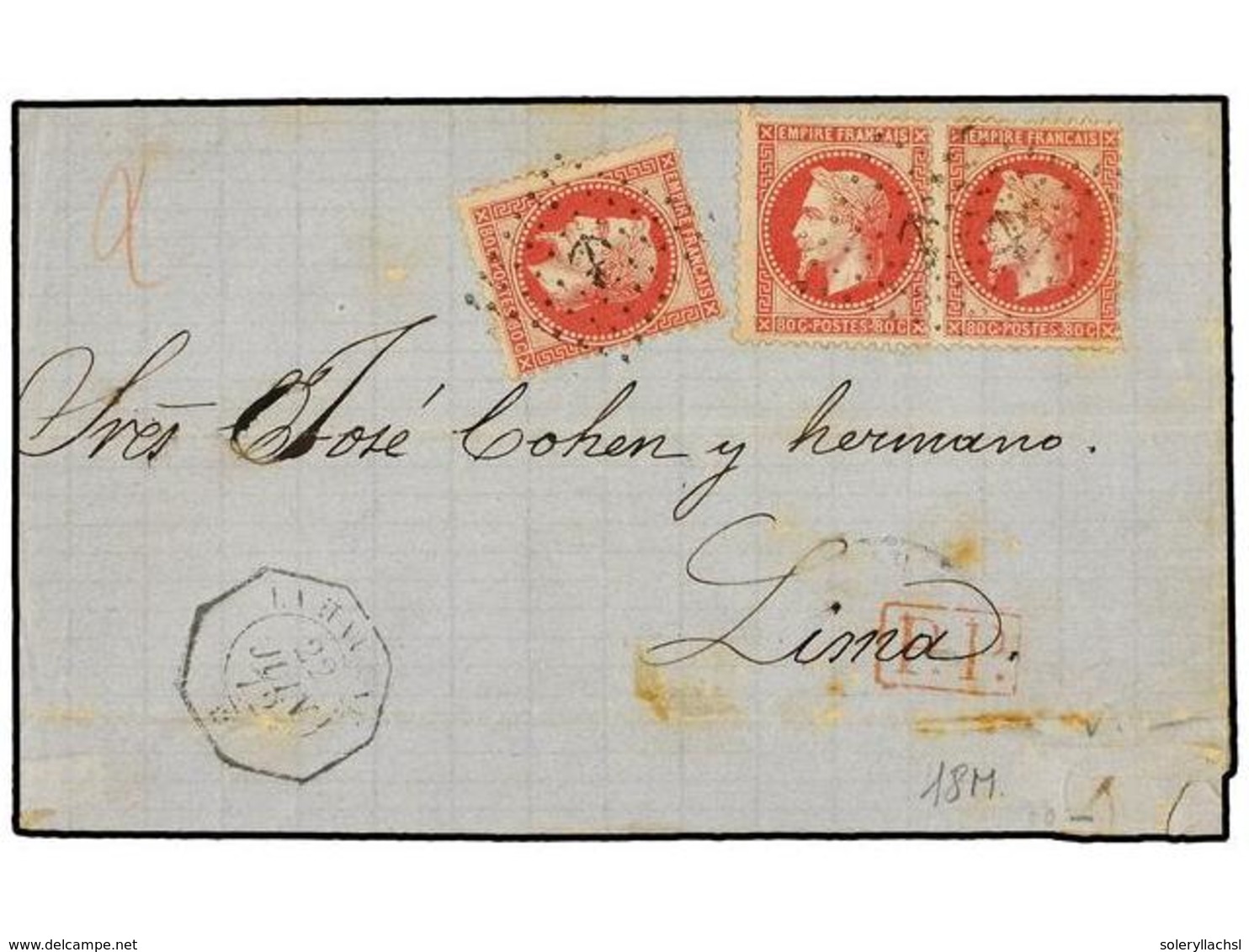 422 CUBA. 1872. Cover From HAVANA To LIMA (Peru) Franked By France 1867 <B>80c.</B> Carmine (3 Examples) All Tied By <B> - Autres & Non Classés
