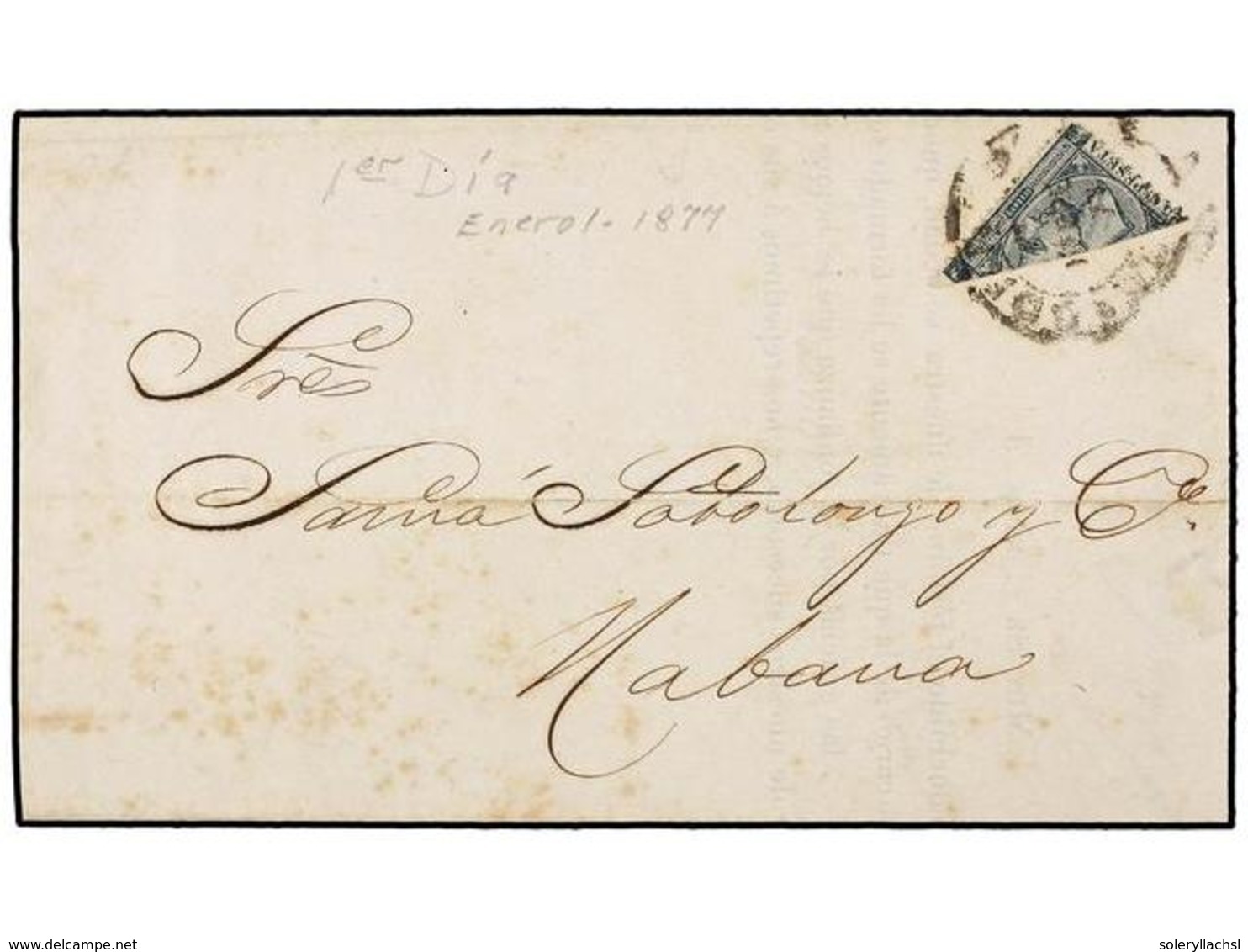 423 CUBA. Ed.41. 1877 (1 Enero). HABANA Correo Interior. <B>25 Cts.</B> Verde Bisectado Para Ser Usado Como 12 1/2 Ctvos - Andere & Zonder Classificatie