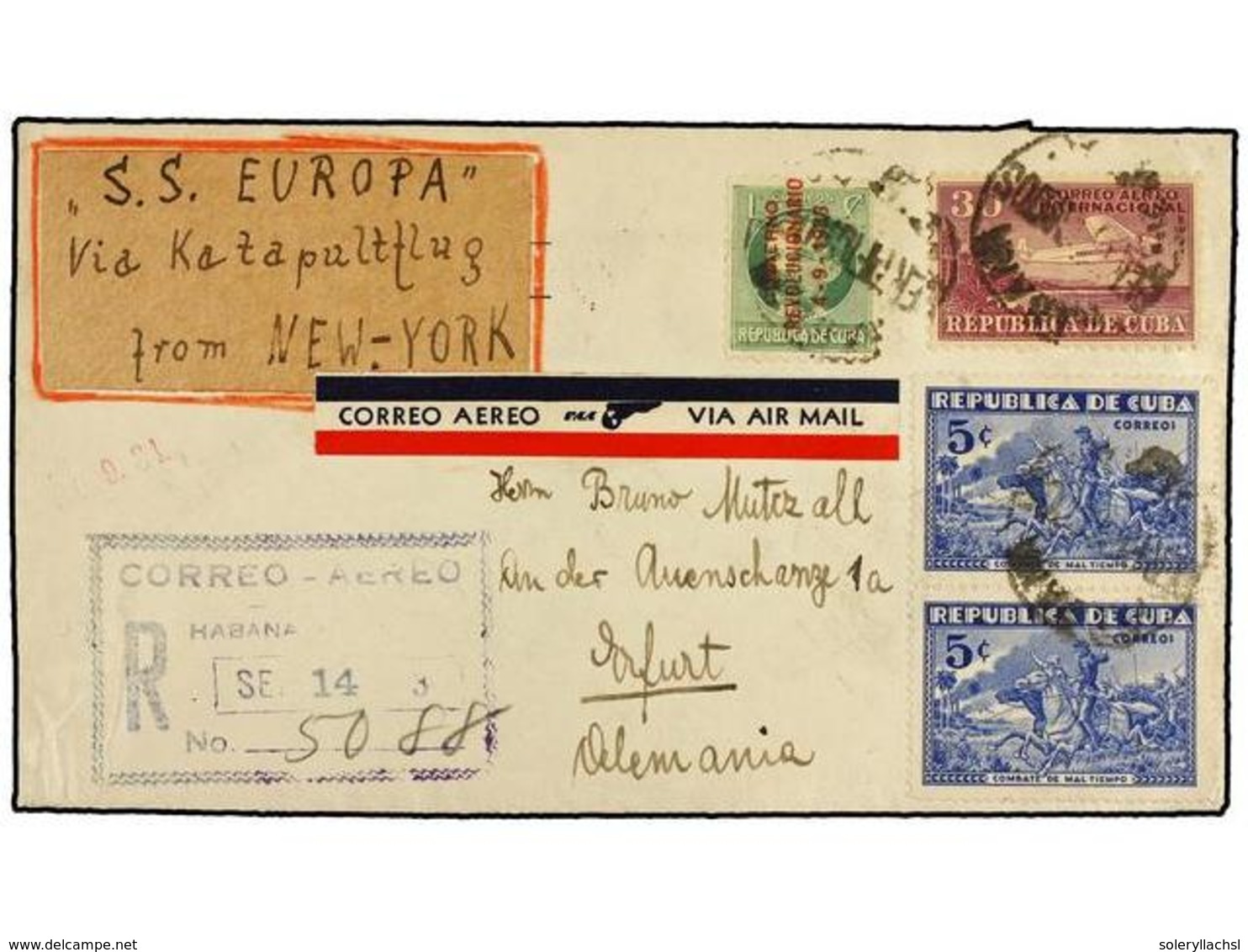 430 CUBA. 1934 (14-Sept.). CUBA A ERFURT (Alemania). Circulado Con Sellos De Cuba De <B>1 Cto., 5 Cts. </B>(2) Y <B>30 C - Autres & Non Classés