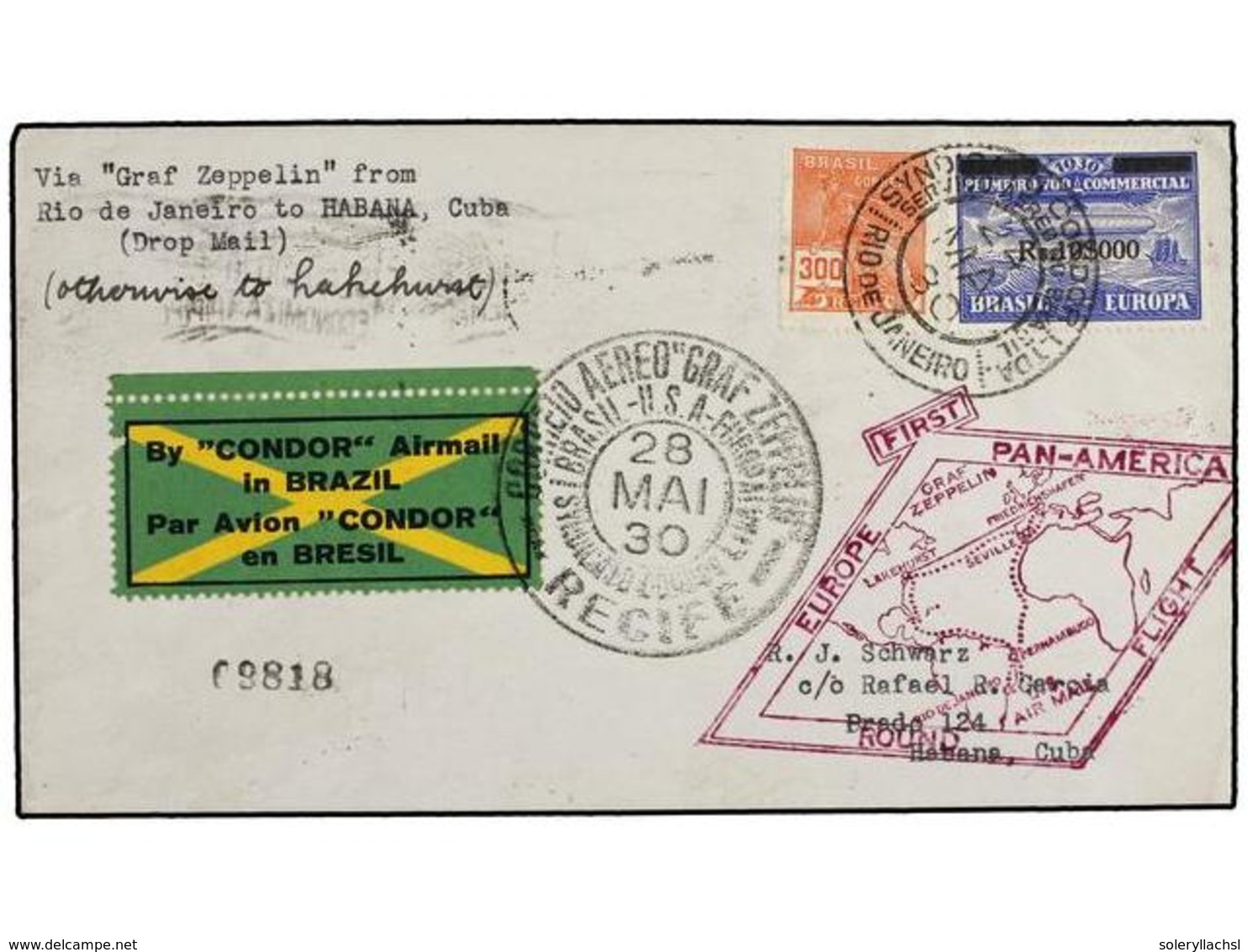 447 CUBA. 1930 (24-V). RÍO DE JANEIRO A LA HABANA. Circulado Con Sellos De Brasil De <B>300 Reis</B> Y <B>10.000 Reis</B - Sonstige & Ohne Zuordnung