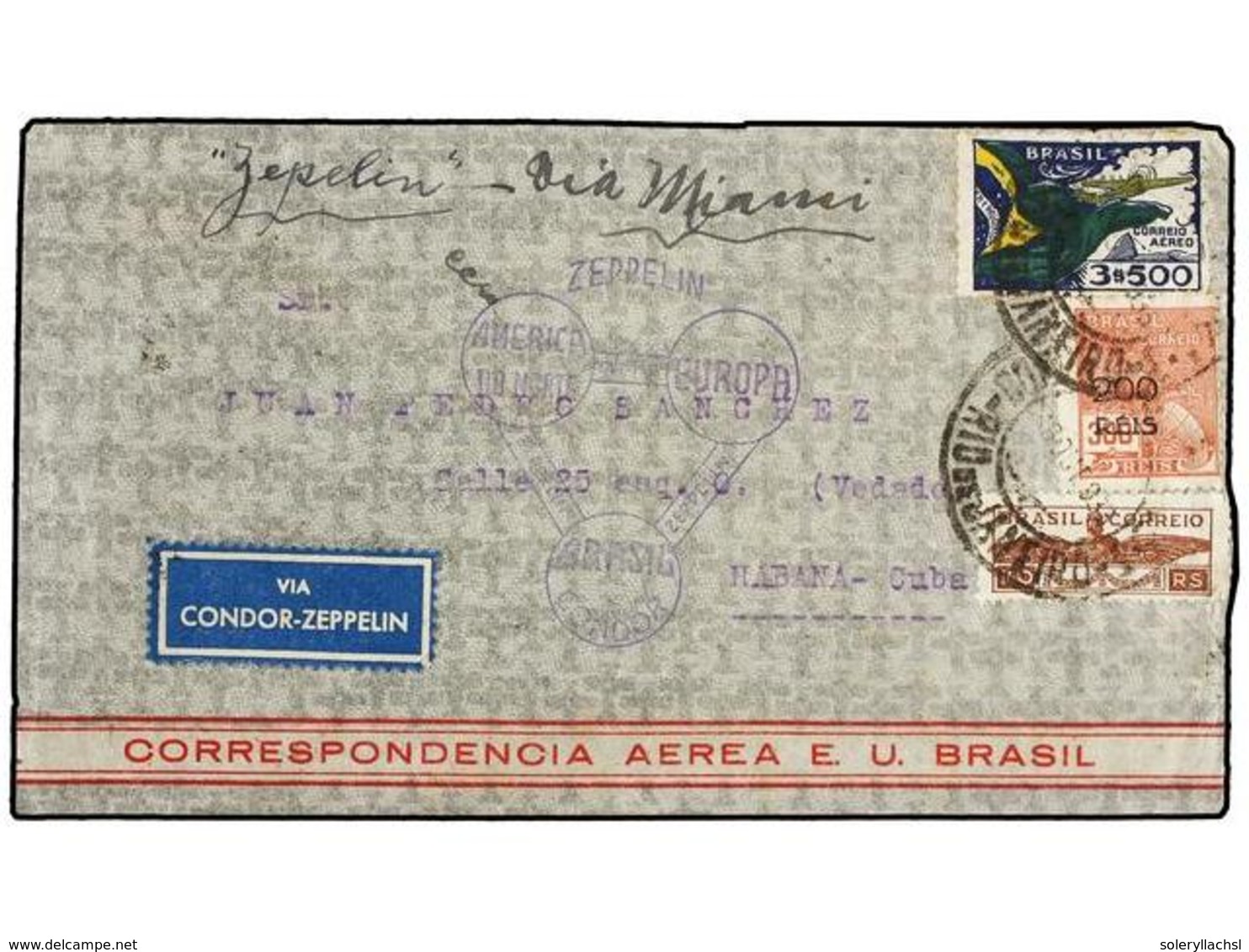 454 CUBA. 1933 (18-X). RÍO DE JANEIRO A LA HABANA. Circulada Con Sellos Brasileños De <B>100 Reis</B>, <B>300 Reis </B>p - Andere & Zonder Classificatie