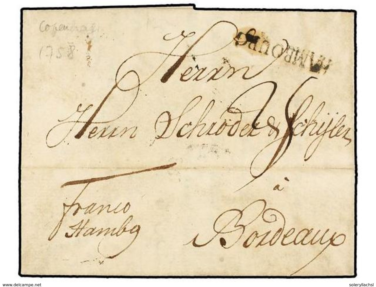 457 DINAMARCA. 1758. COPENHAGEN To FRANCE. Entire Letter Lineal <B>HAMBURG</B> And Manuscript 'Franco Hambg'. - Sonstige & Ohne Zuordnung