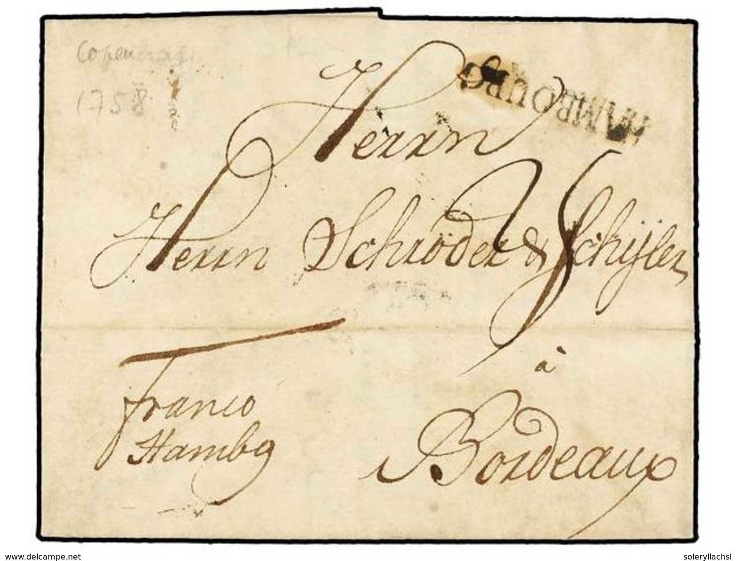 457 DINAMARCA. 1758. COPENHAGEN To FRANCE. Entire Letter Lineal <B>HAMBURG</B> And Manuscript 'Franco Hambg'. - Andere & Zonder Classificatie